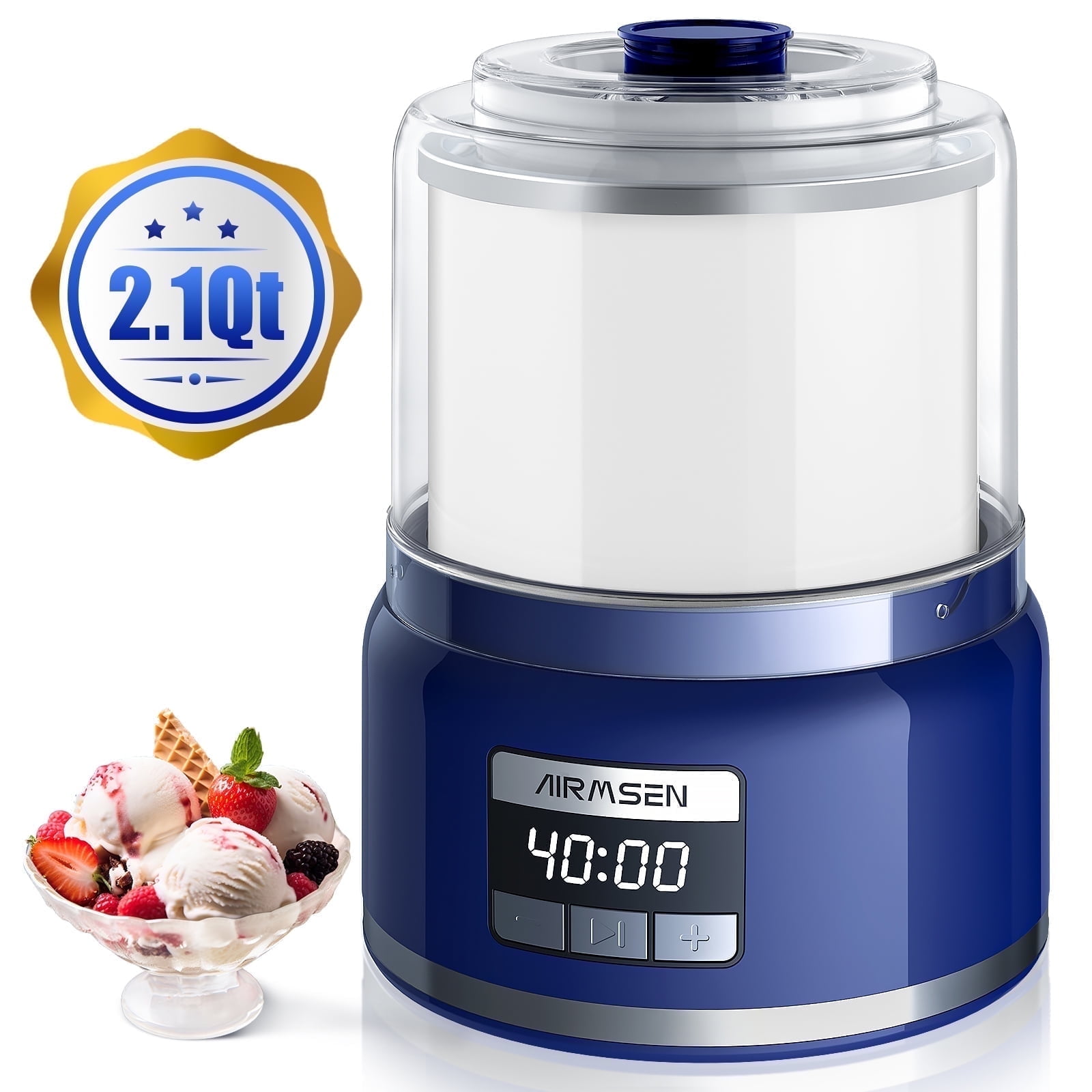 AIRMSEN 2.1 Qt Ice Cream Maker Machine with LED Screen and Timer, Electric Frozen Yogurt Maker for Home, Blue