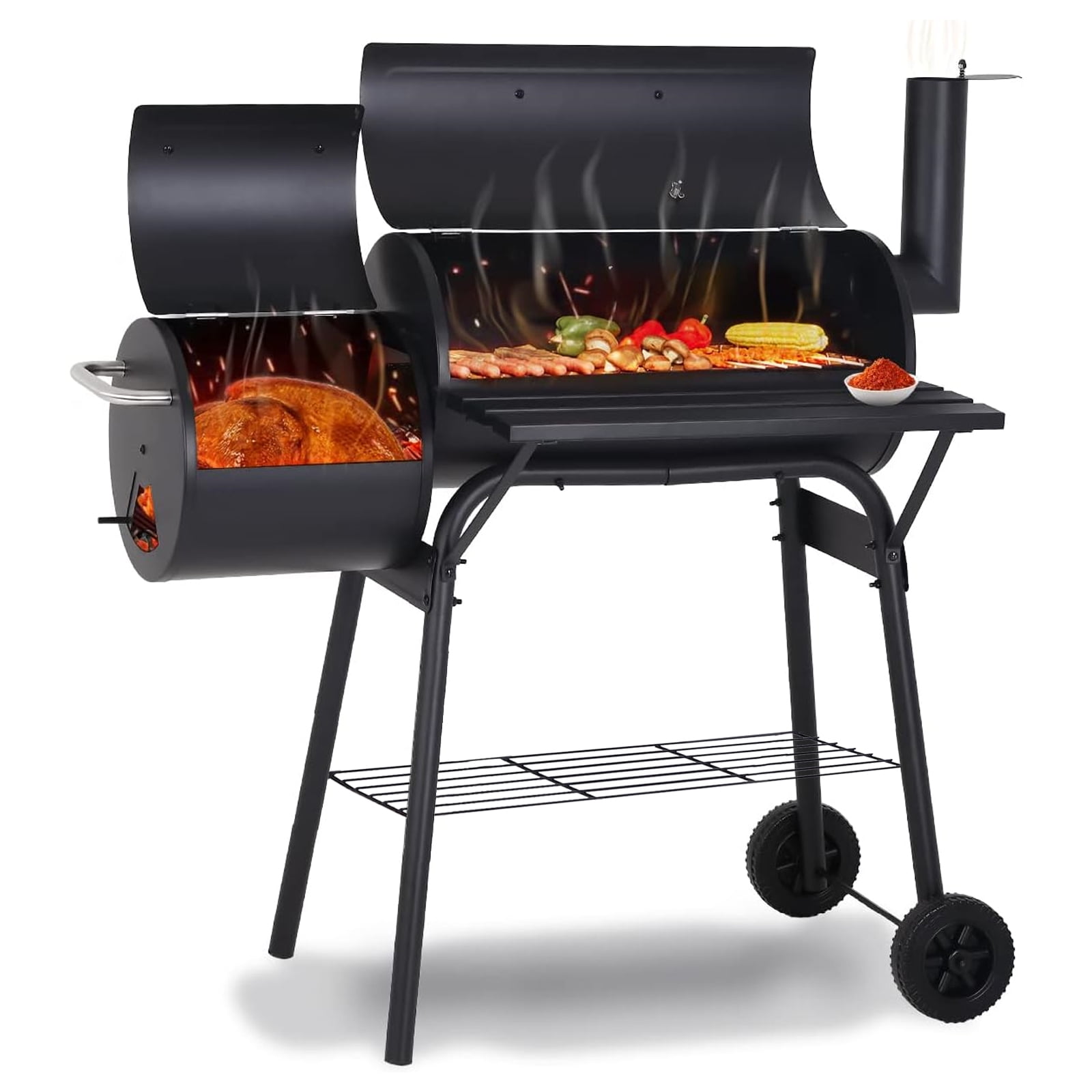 AKIUDEX Outdoor Portable BBQ Charcoal Grill with Offset Smoker for Pit Patio Backyard, Black