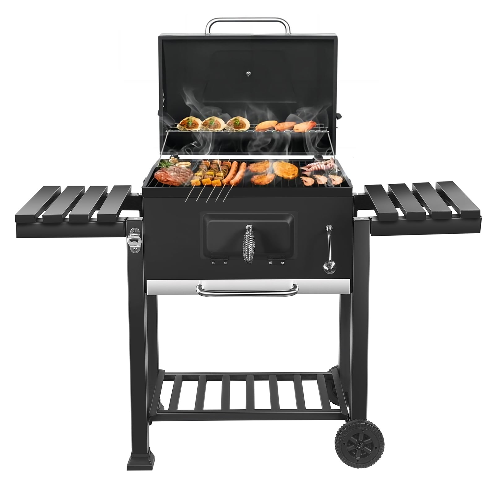 AKIUDEX 24-Inch Heavy-Duty Charcoal Grill with Adjustable Vents & Side Shelves – Classic Black