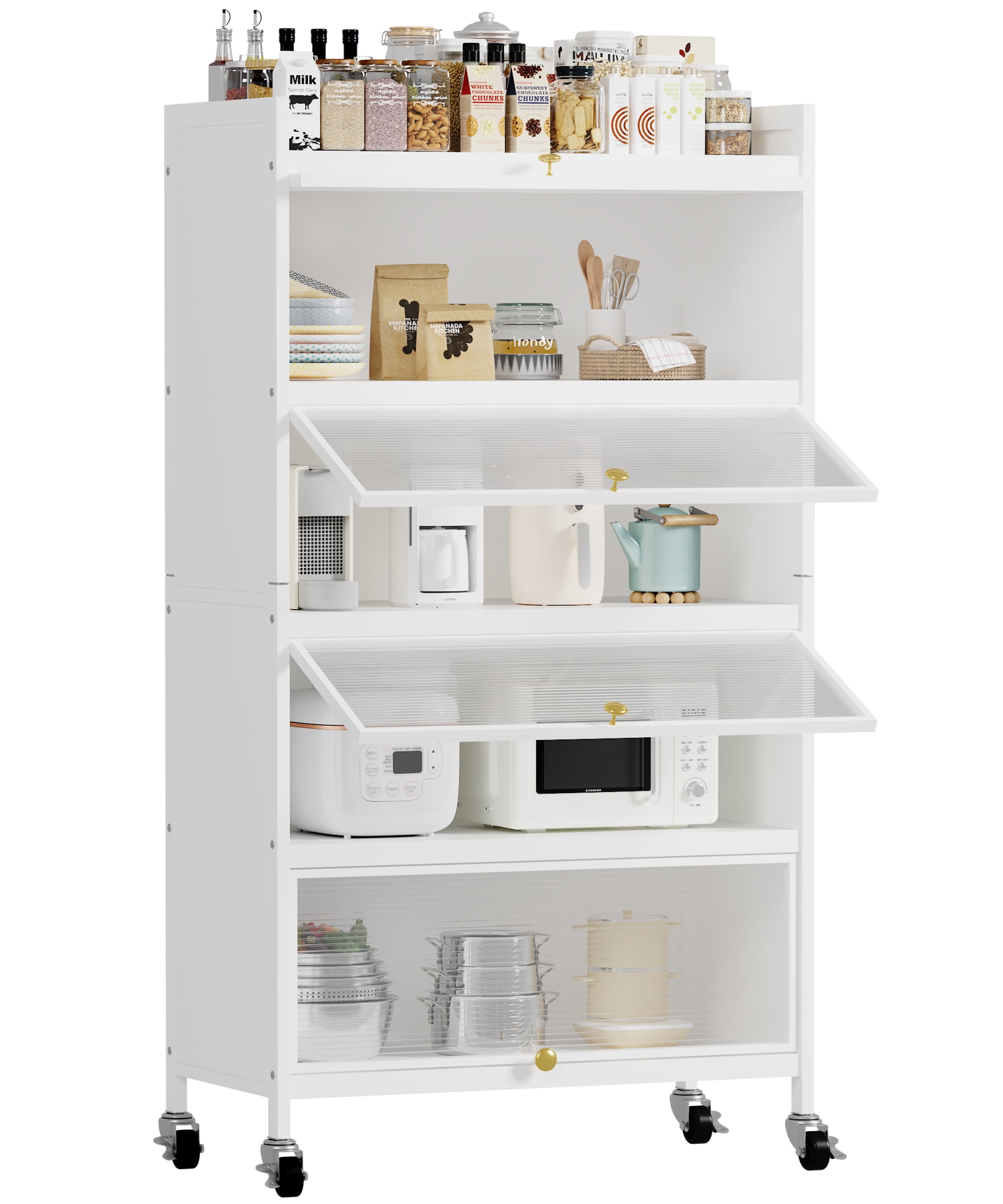 AKIUDEX 5 Tier Pantry Storage Cabinet Baker Racks with 4 Flip-up Doors, White