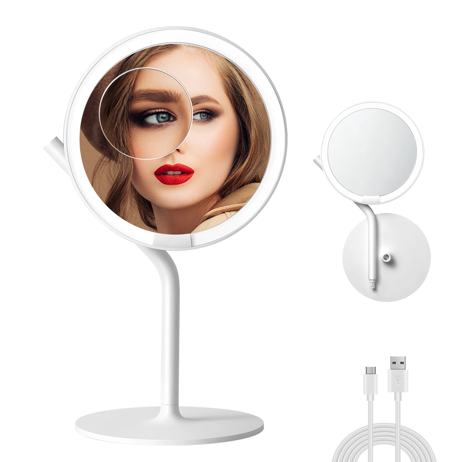 AMIRO 8"Lighted Makeup Mirror with 5X Magnifying Small Mirror, 5 Brightness, Touch Control, White