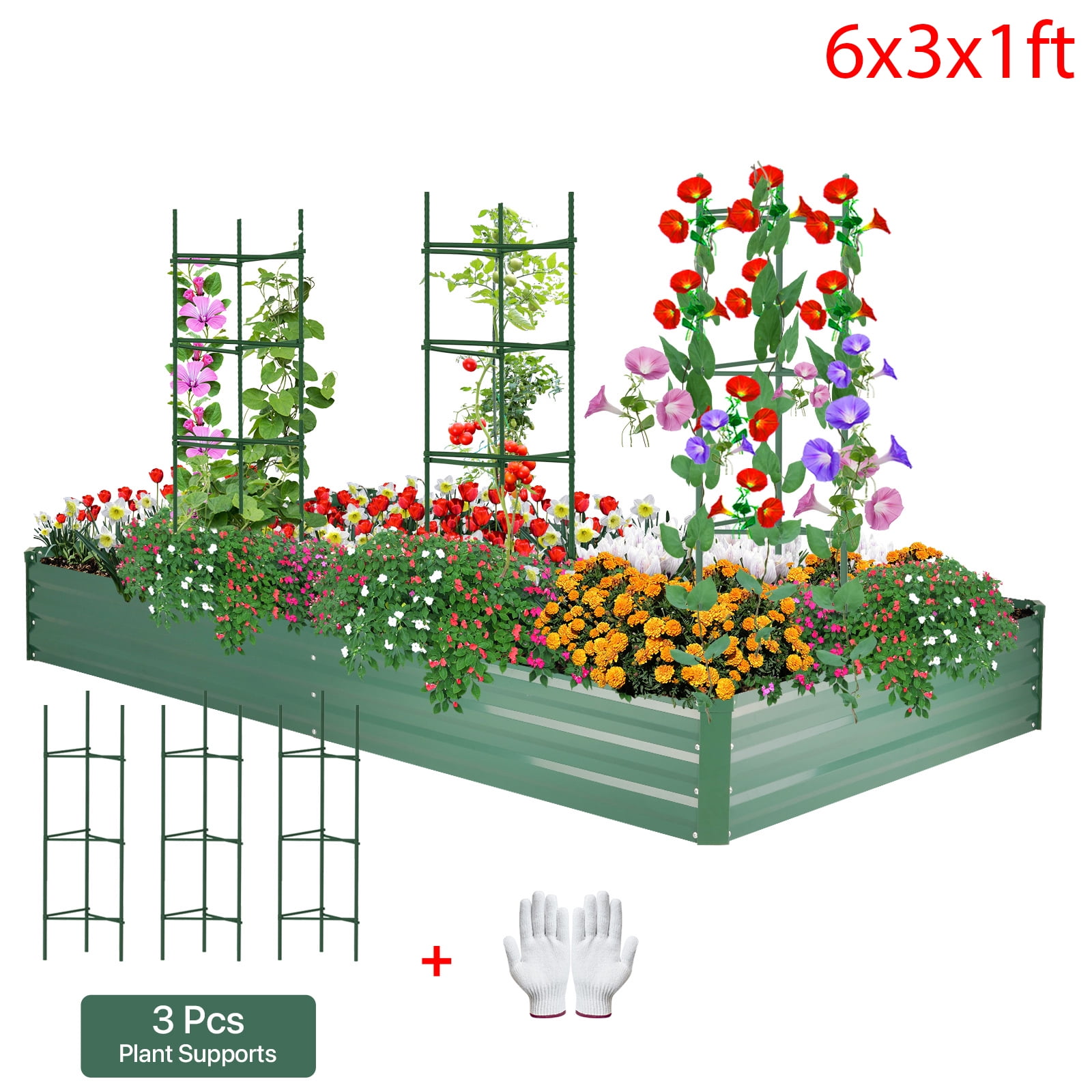 AMOBRO 6x3x1ft Outdoor Metal Raised Garden Bed Planter Box for Vegetables, Flowers, Herbs w/ 3 Tomato Cages Green