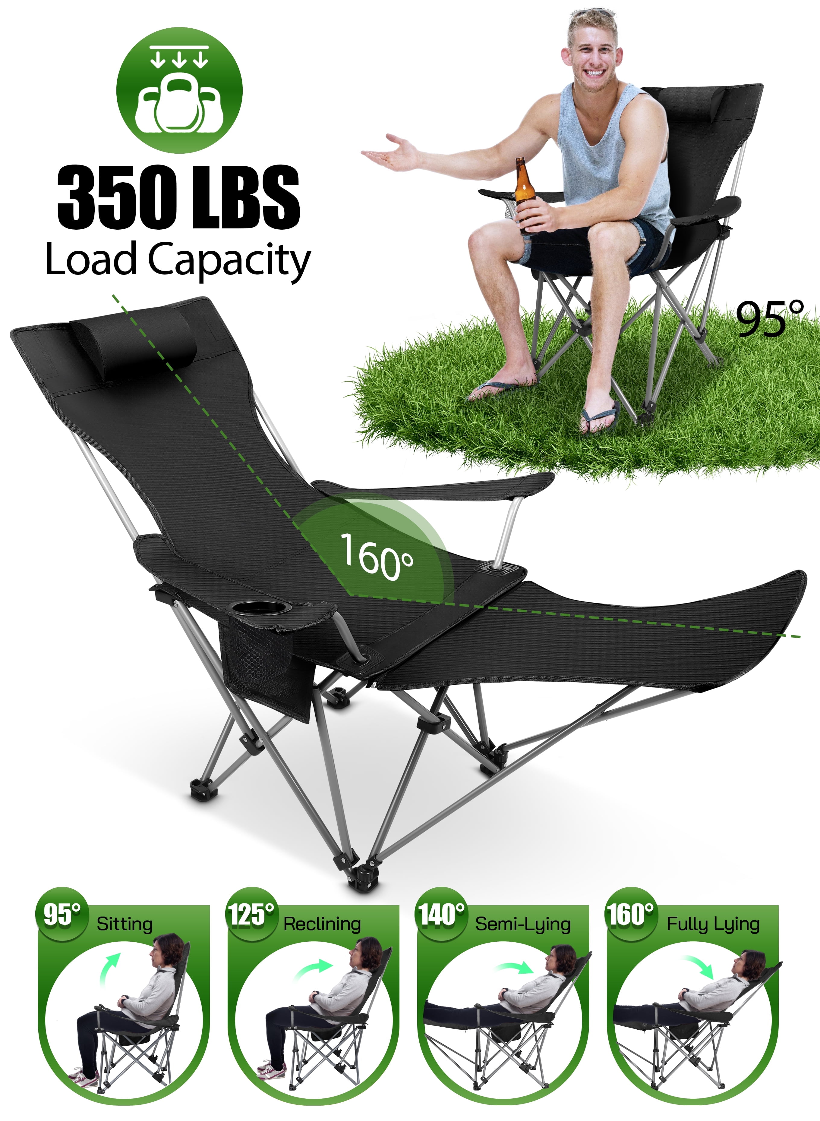 AMTPM Camping Chairs, Adjustable Folding Chairs 330lbs with Detachable Footrset for Camping Hiking Gardening Travel Beach Picnic, Adult