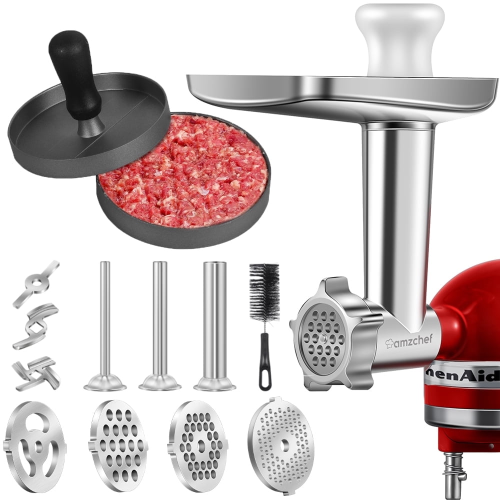AMZCHEF Metal Grinder Attachment for KitchenAid Stand Mixers with Burger Press Plate & Sausage Stuffer Pack
