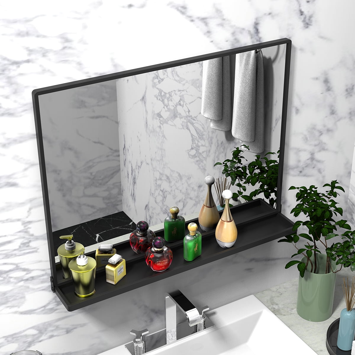 ANYHI Rectangular Bathroom and Living Room Metal Wall Mirror with Shelf, Metal Wall Mirror with Shelf,32"*4.7"*24.4"