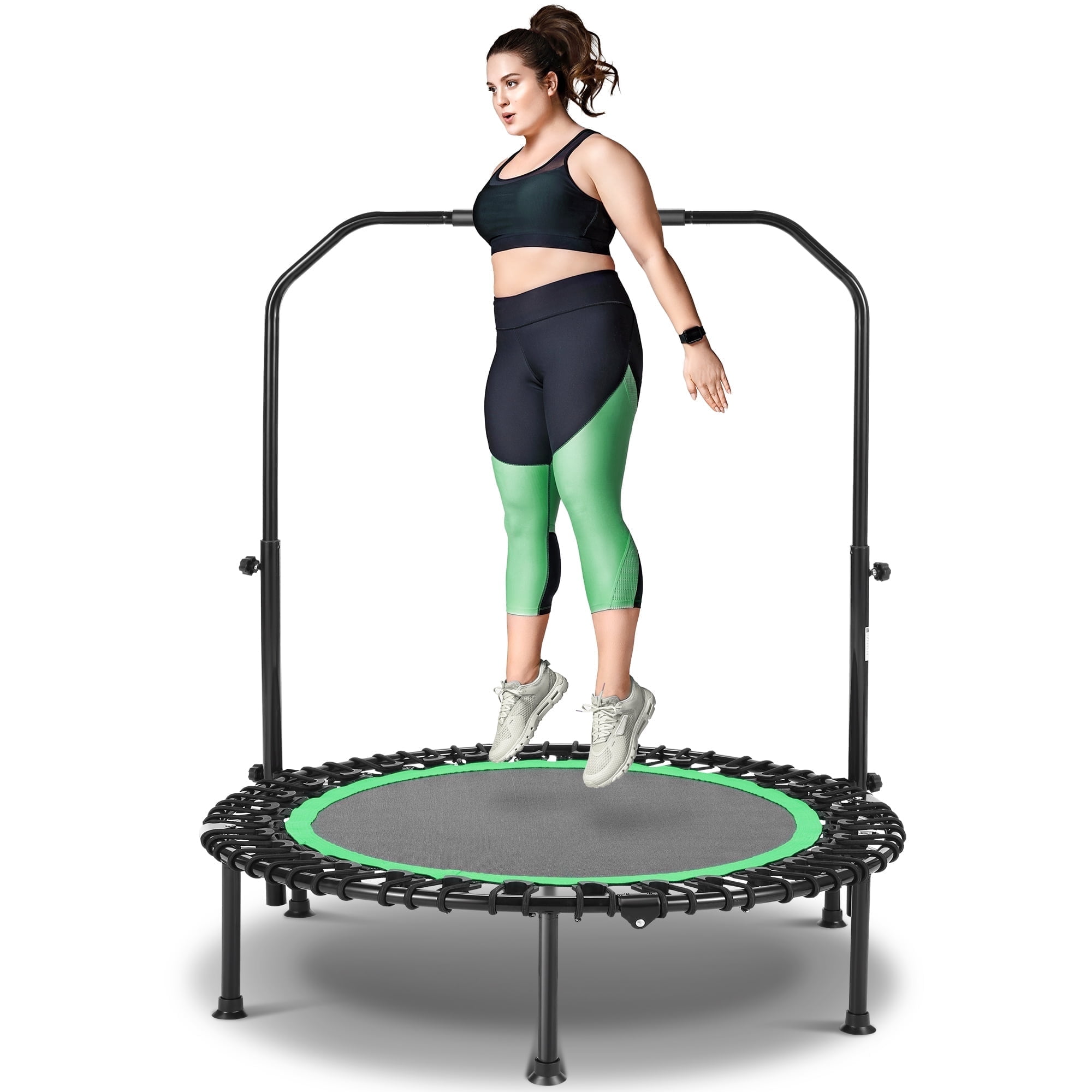 FUNMILY 40" Foldable Mini Trampoline with Bungees, Fitness Trampoline Workout Max Load 450lbs, Adjustable Foam Handle, Indoor Exercise Trampoline, Green