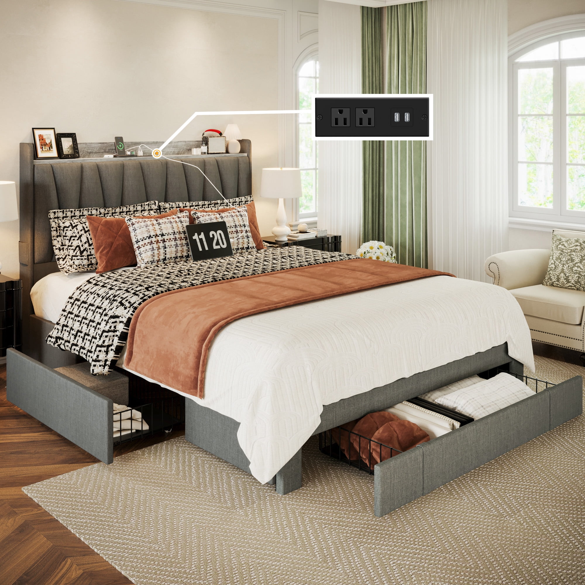 ANCTOR Full Size Bed Frame with Upholstered Storage Headboard, 3 Drawers, Charging Station, Sturdy,Grey
