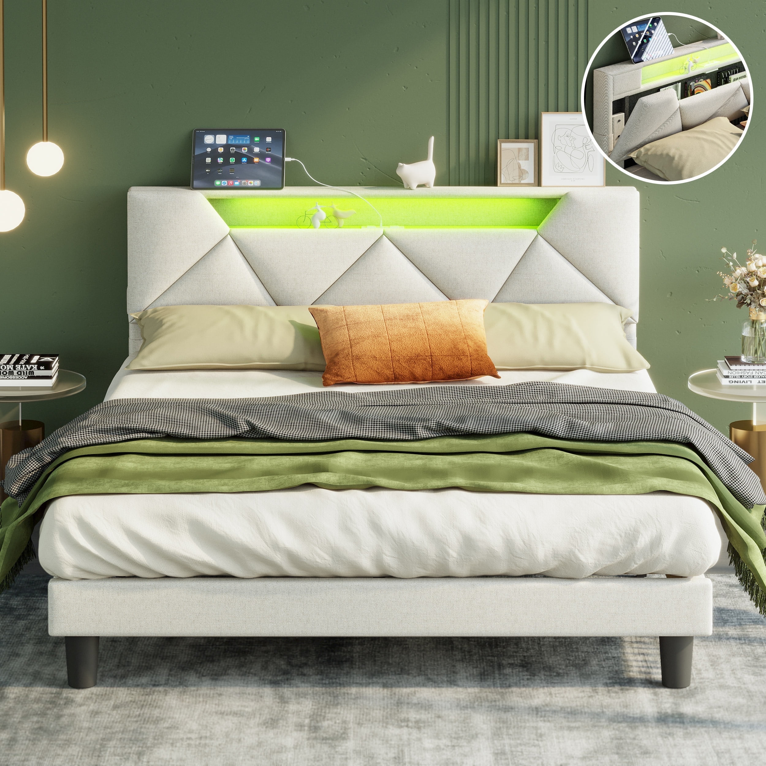 ANCTOR Queen Modern Linen Standard Bed with USB Ports, Beige