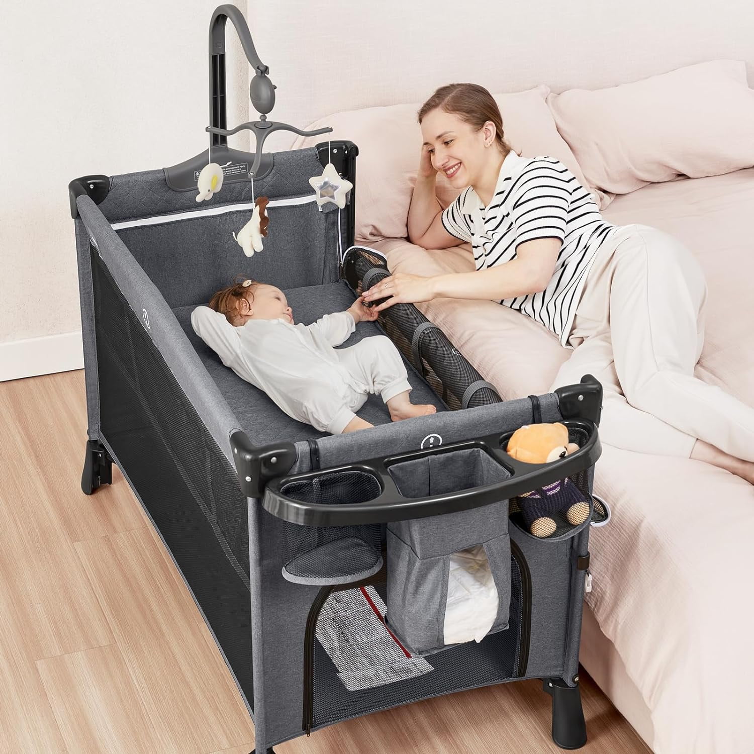ANGELBLISS 5 in 1 Baby Bassinet Bedside Crib, Rocking Bassinet with Diaper Changer, Pack and Play with Bassinet, Portable Folding Playpen Playard with Mobile, Sheet & Mattress(Grey)