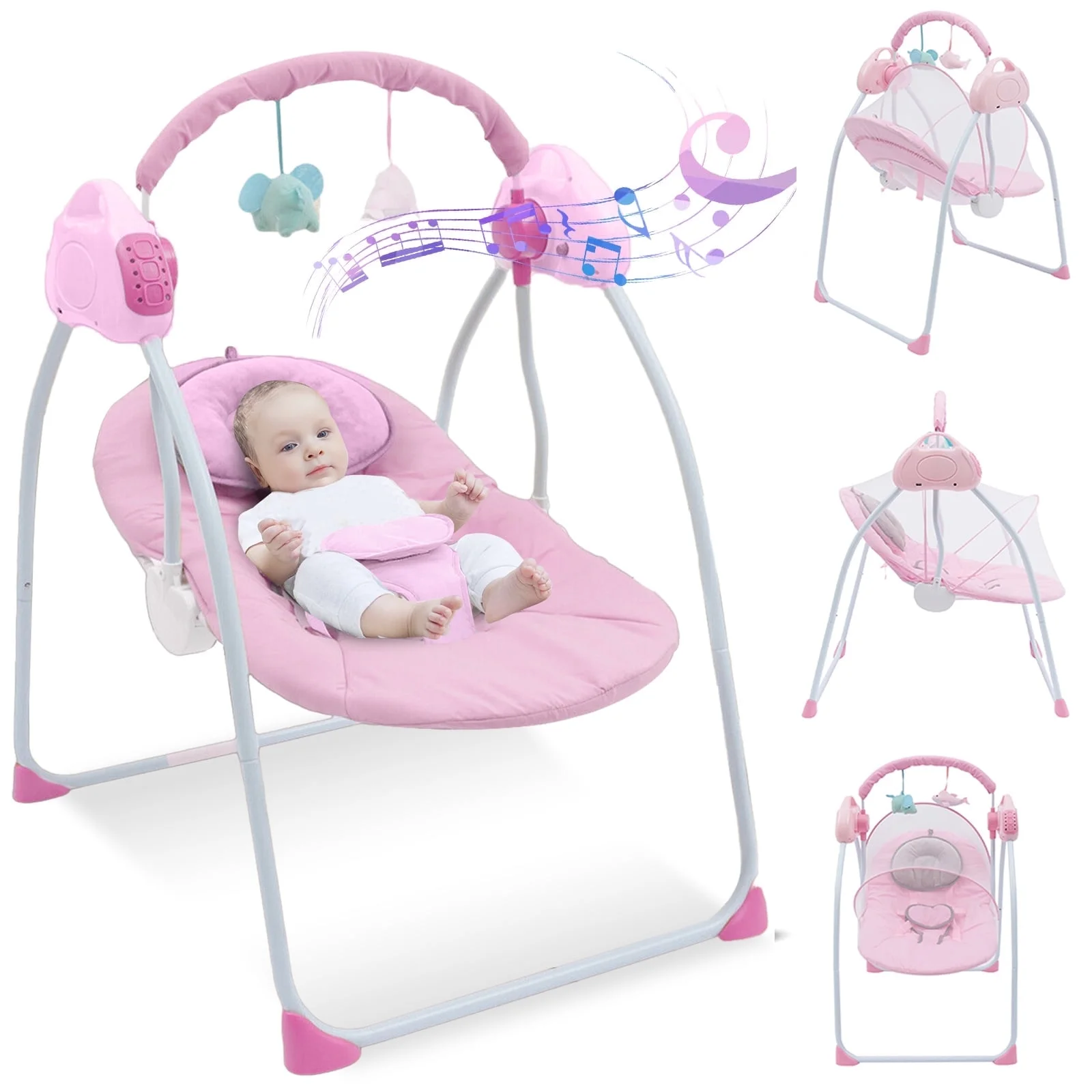 ANJORALA Baby Swings for Infants Toddler, Portable Newborn Swing Bouncer, Bluetooth(Pink)