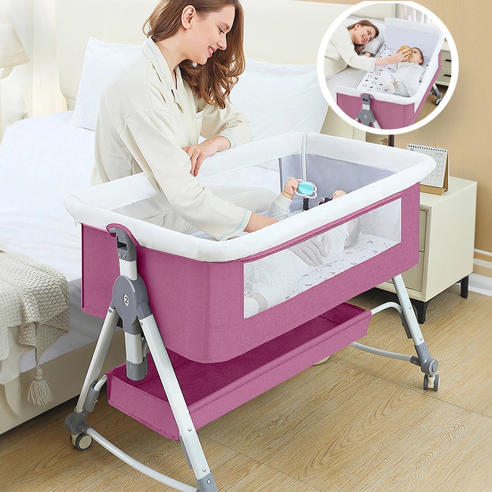 ANJORALA Baby Bassinet Bedside Crib with Changing Diaper Table, Travel Bassinet, Pink