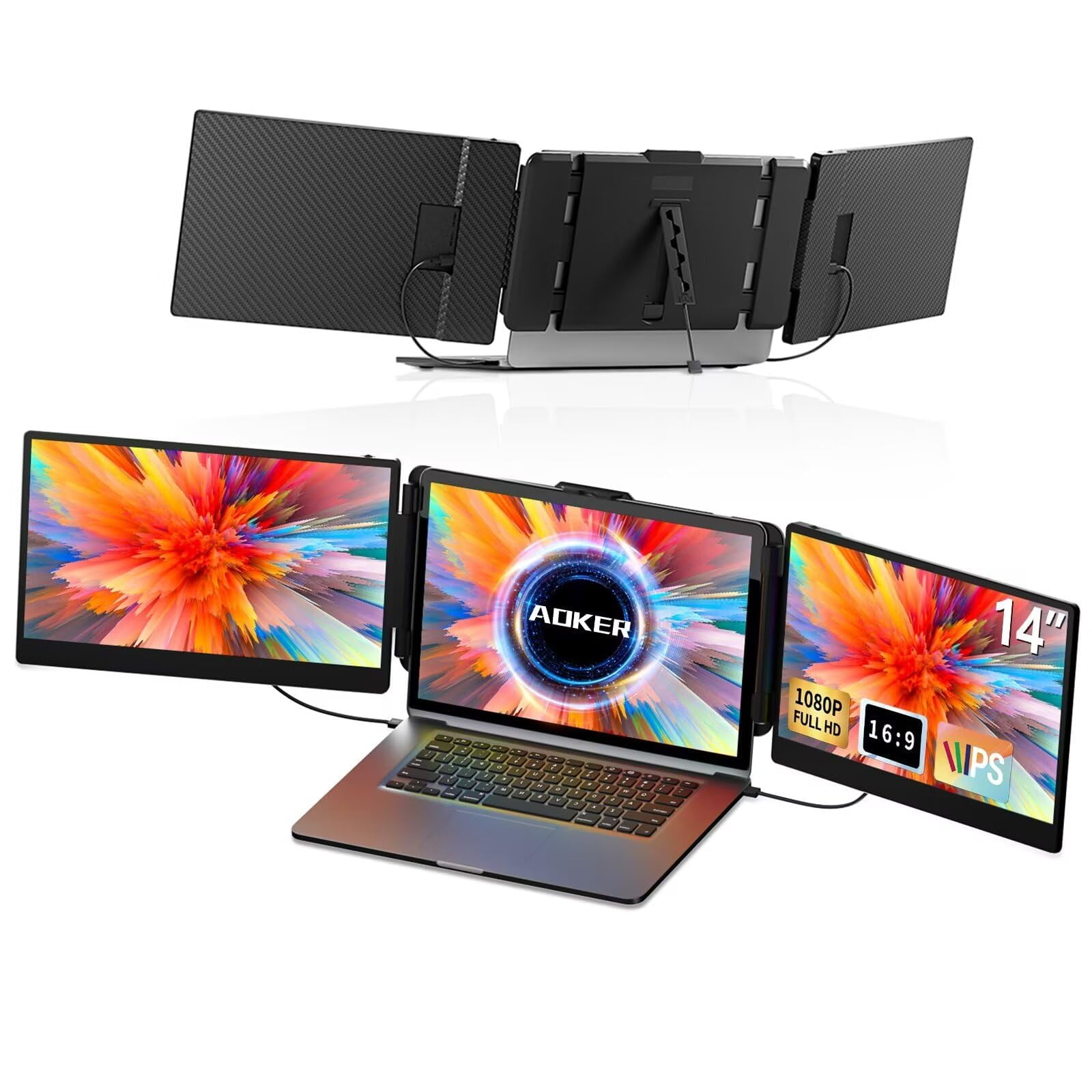 AOKER S2 Triple Monitor 14"" 1080p Computer Monitors, Black