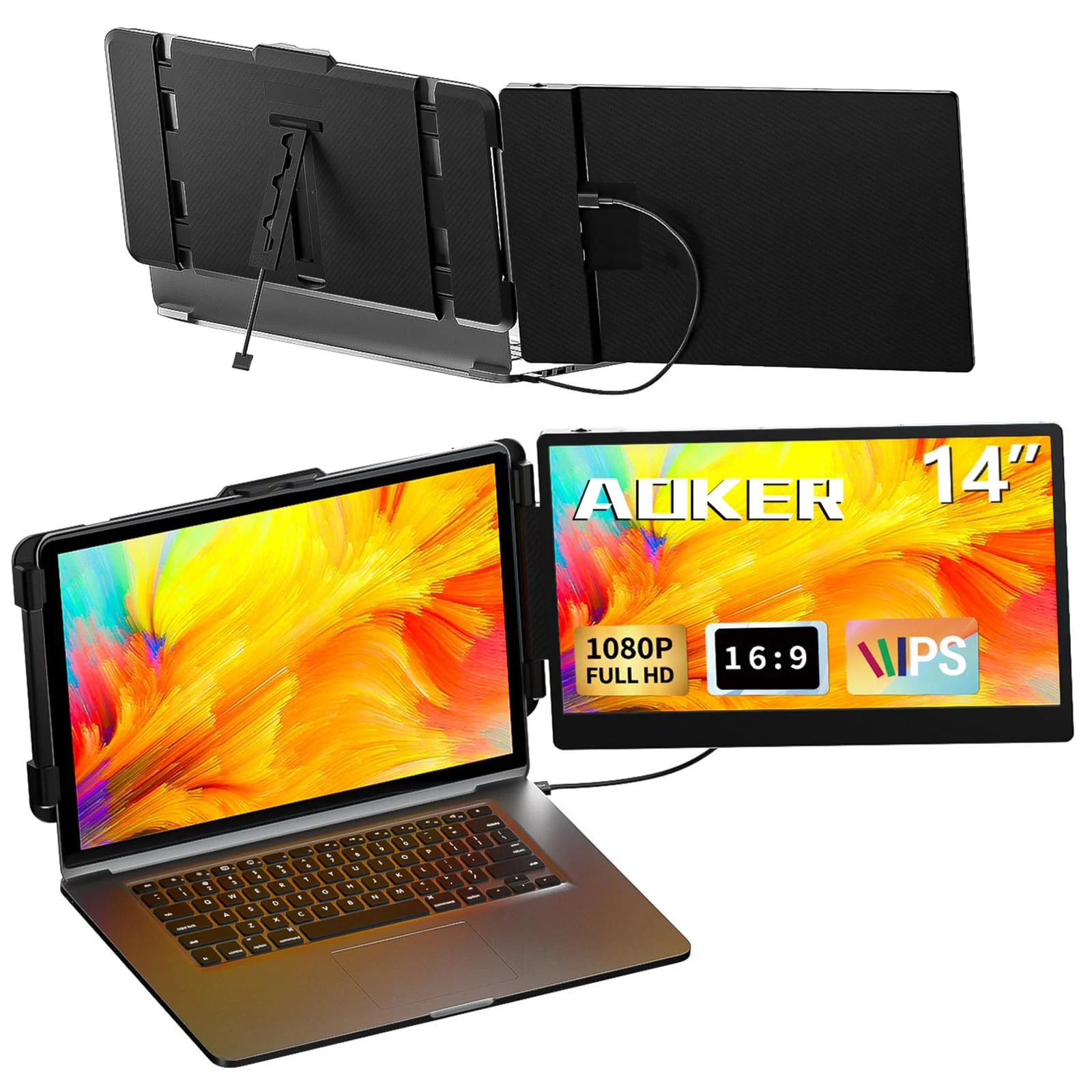 AOKER 14" FHD IPS Laptop Screen Extender Monitor, Black, S1