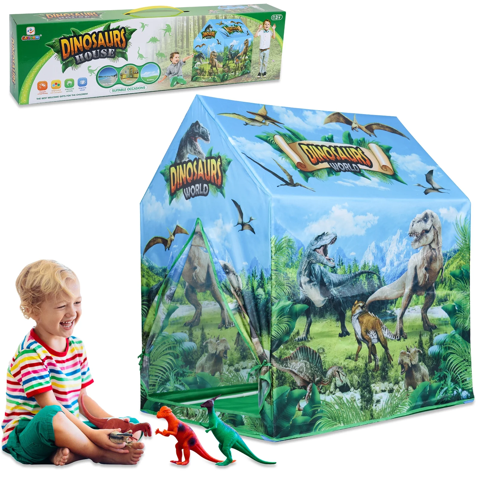 AOKESI Kids Play Tent, Dinosaur Discovery Playhouse Tent, Indoor Outdoor Dinosaur Toys Tent Pretend Playhouse Gift for 3-12 Y Girls & Boys