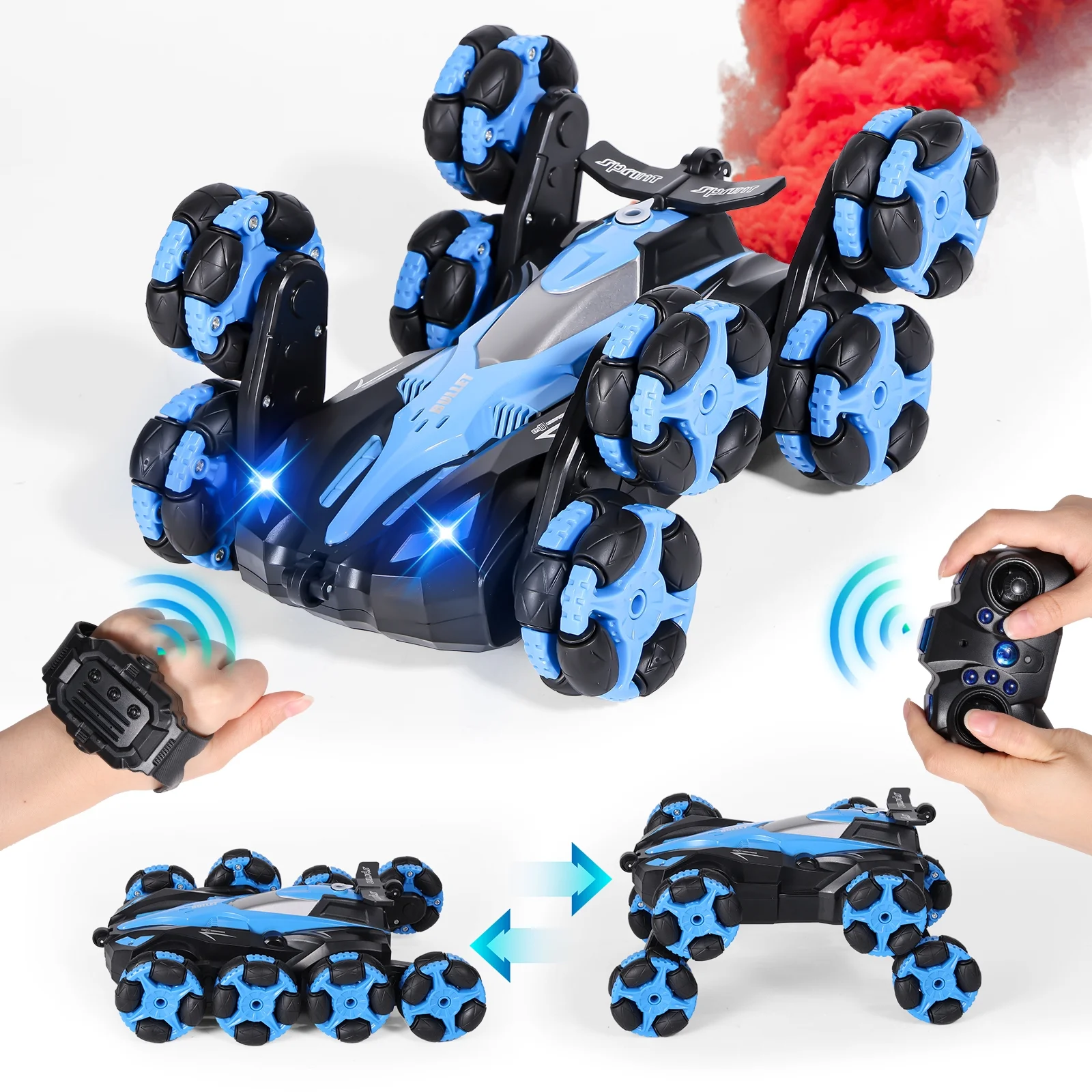 AOKESI RC Car, 2.4GHz Remote Control Drift Hand Stunt Trucks, 8 Wheels RC Off-Road Climbing Car with Spray & LED Light, 360° Rotating Gesture Sensing Stunt Car Toy Gift for Boys Girls, Blue