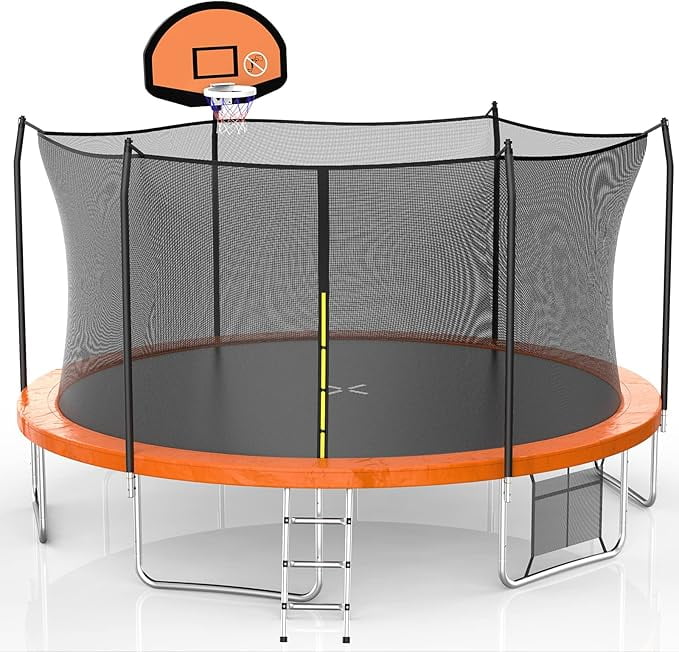 AOTOB 15FT Trampoline for Kids,Outdoor 1400LBS Trampoline with Basketball Hoop,Safety Enclosure Net and Ladder