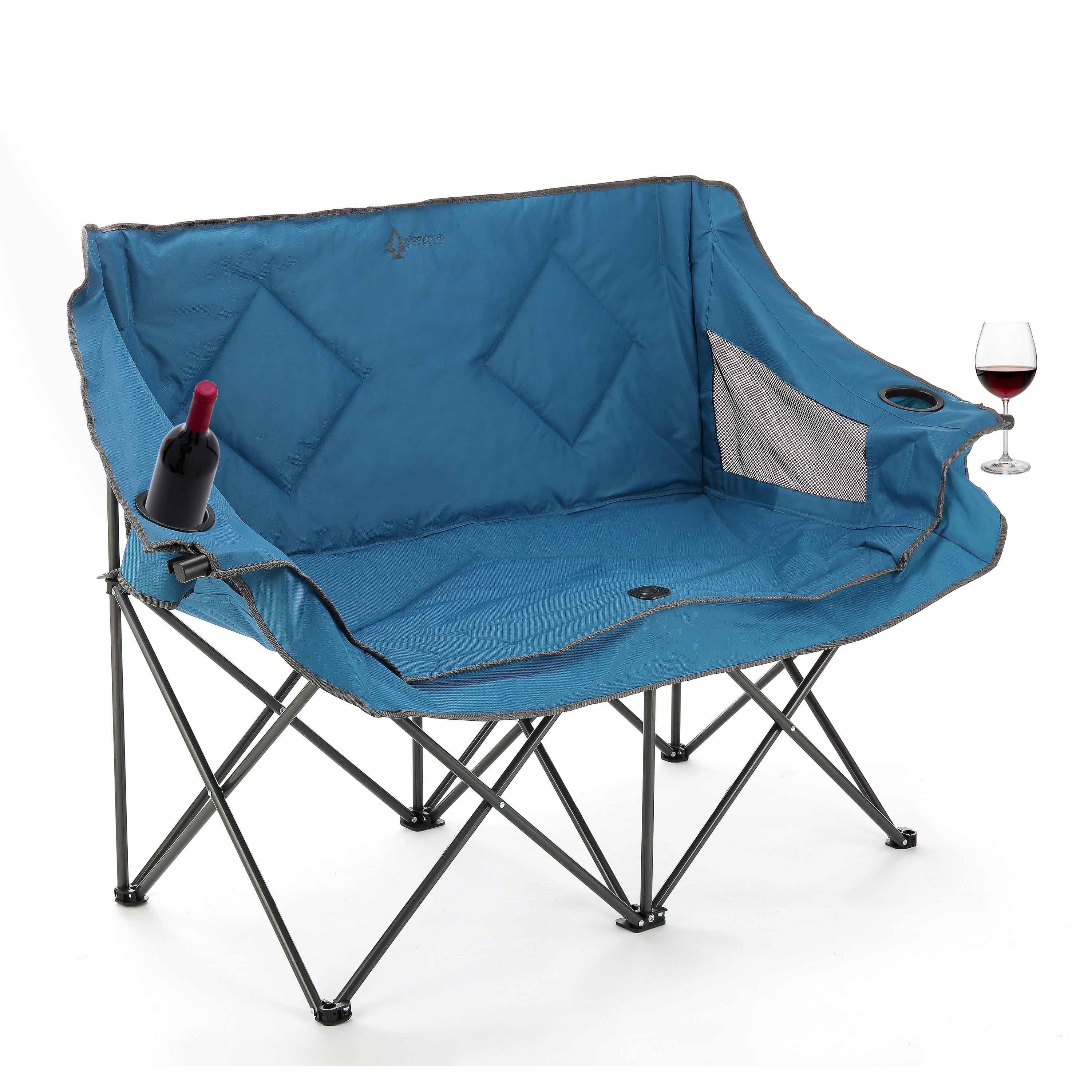 ARROWHEAD OUTDOOR Portable Folding Double Duo Camping Chair Loveseat w/ 2 Cup & Wine Glass Holder, Heavy-Duty Carrying Bag, Padded Seats & Armrests, Supports up to 500lbs, USA-Based Support (Blue)
