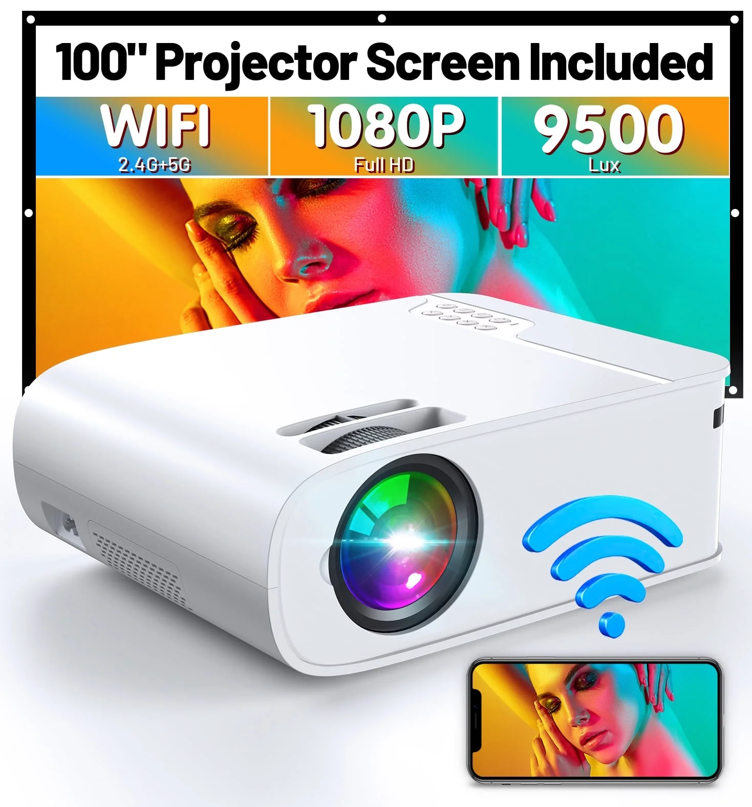 ARTSEA 5G WiFi Projector for iPhone, Native 1080P Projector 9500L Full HD Projector Outdoor Video Projector 300", Synchronize Smartphone & 4K Movie Projector Compatible with Laptop/TV Stick/HDMI/PS4