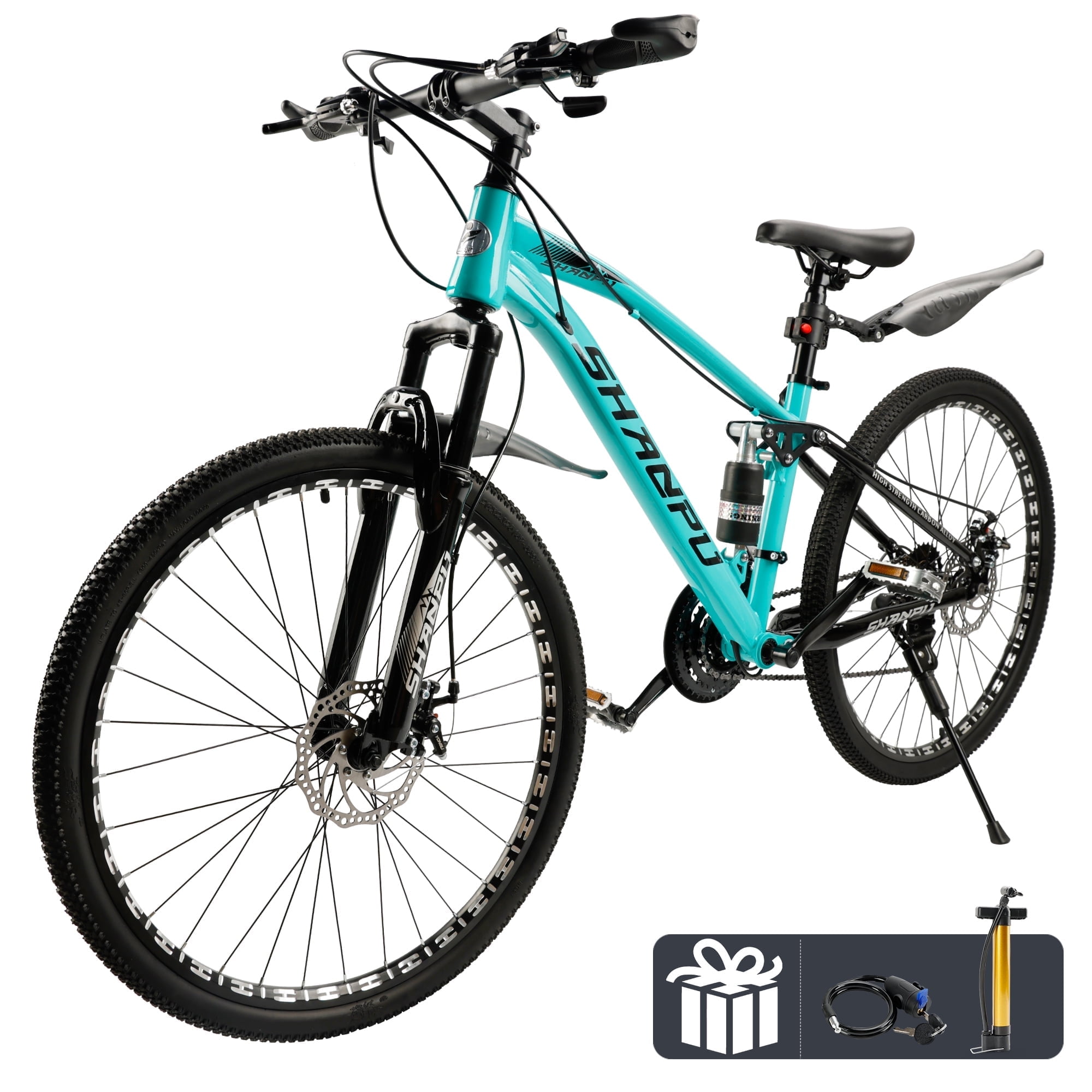 ARTUDATECH 26 Inch Wheel Full Suspension Mens Mountain Bike, Shimano 21 Speed, Dual Disc Brake Bike for Men Womens Adult Bicycle With Bike Lock And Air Pump