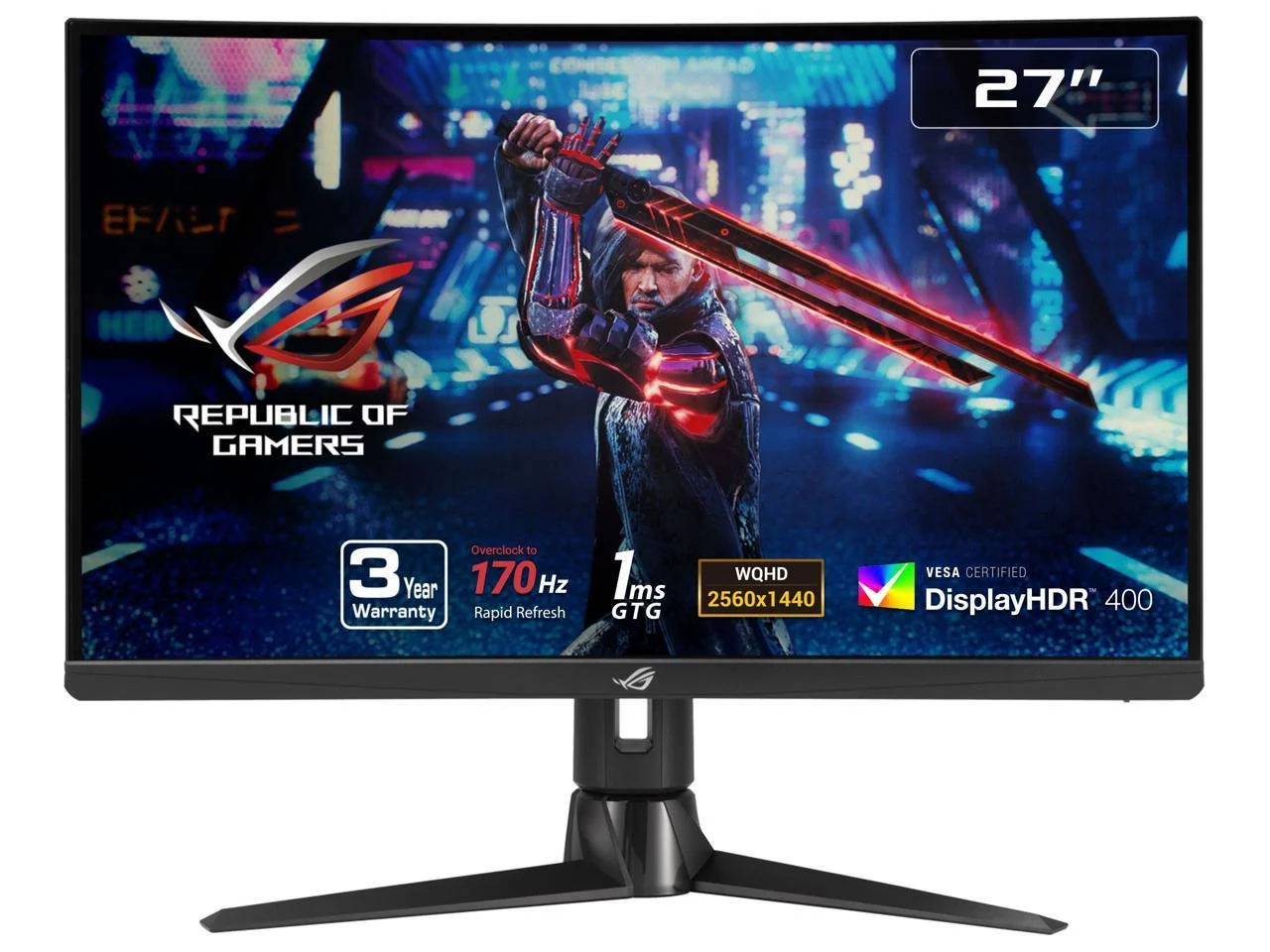 ASUS 27” 1440P Curved Gaming Monitor - QHD (2560 x 1440), Fast IPS, 170Hz, 1ms, G-SYNC Compatible, FreeSync Premium, Eye Care, HDMI, DisplayPort, Height Adjustable, DisplayHDR 400 ROG Strix XG27AQV
