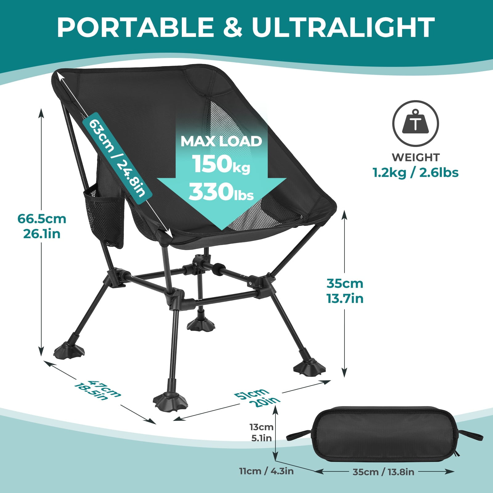 ATEPA Ultralight Portable Camping Chair, Folding Chair with Carry Bag, Weighing just 2.5 lbs, Support up to 330LBS, Portable Folding Square Tall Chairs for Fishing, Hiking, Backpacking