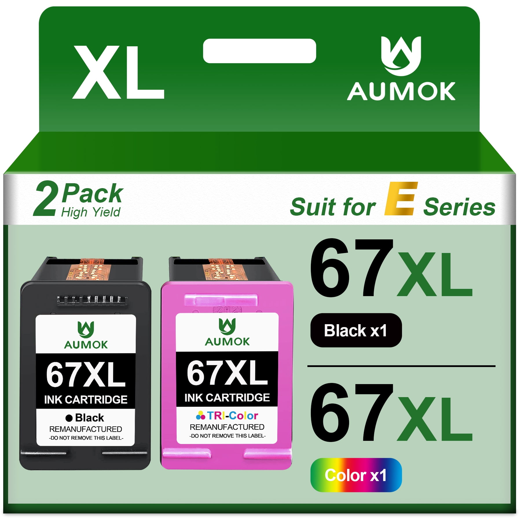 AUMOK 67 Ink Cartridges Compatible for HP 67 XL Ink Cartridges Hp Envy 6000 6055e 6400e, 2 Pack 1 Black & 1 Tri-color