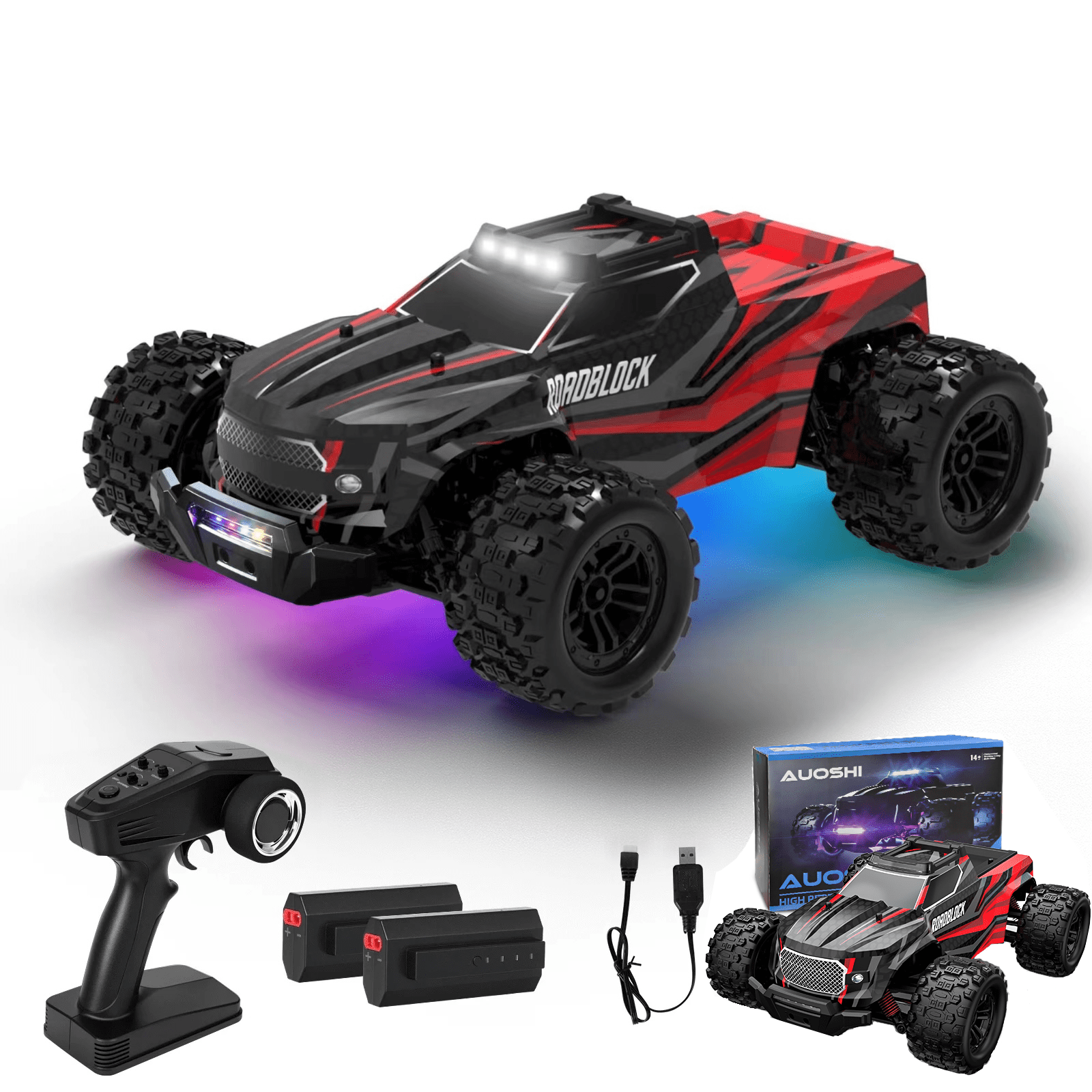 AUOSHI RC Car Remote Control 4WD 1:14 Off-Road Vehicle – Dual Battery 70min, 40+MPH High Speed, Full Metal Shaft, Alloy Gears, Pro Servo, LED Lights, Shock Absorber, Visible Power Status
