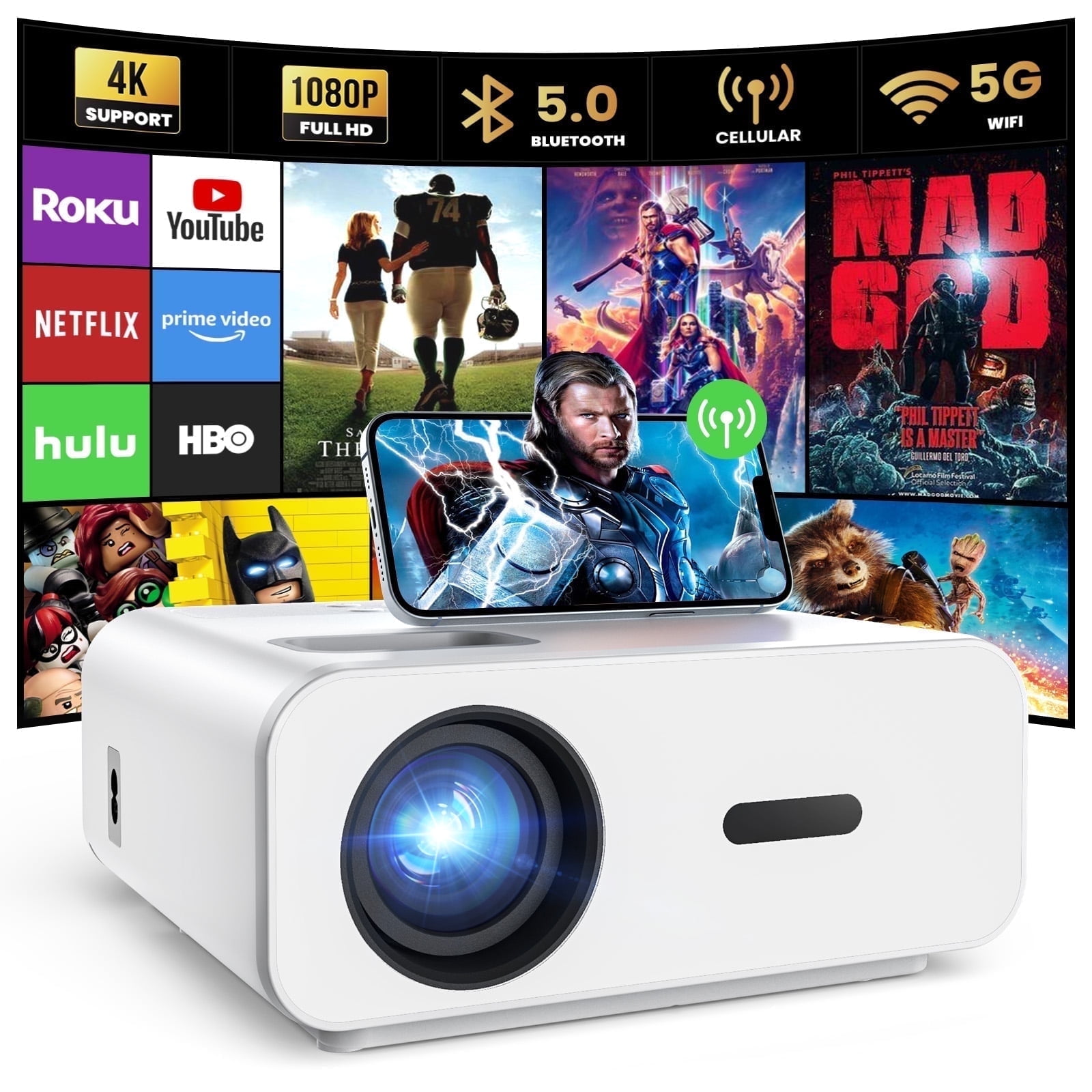 AUOSHI Projector with Wifi and Bluetooth, 4K Support 1080P Mini Projector , Video Projector for Home Theater , 12000LM Portable Outdoor Movie Projector 5G/2.4G
