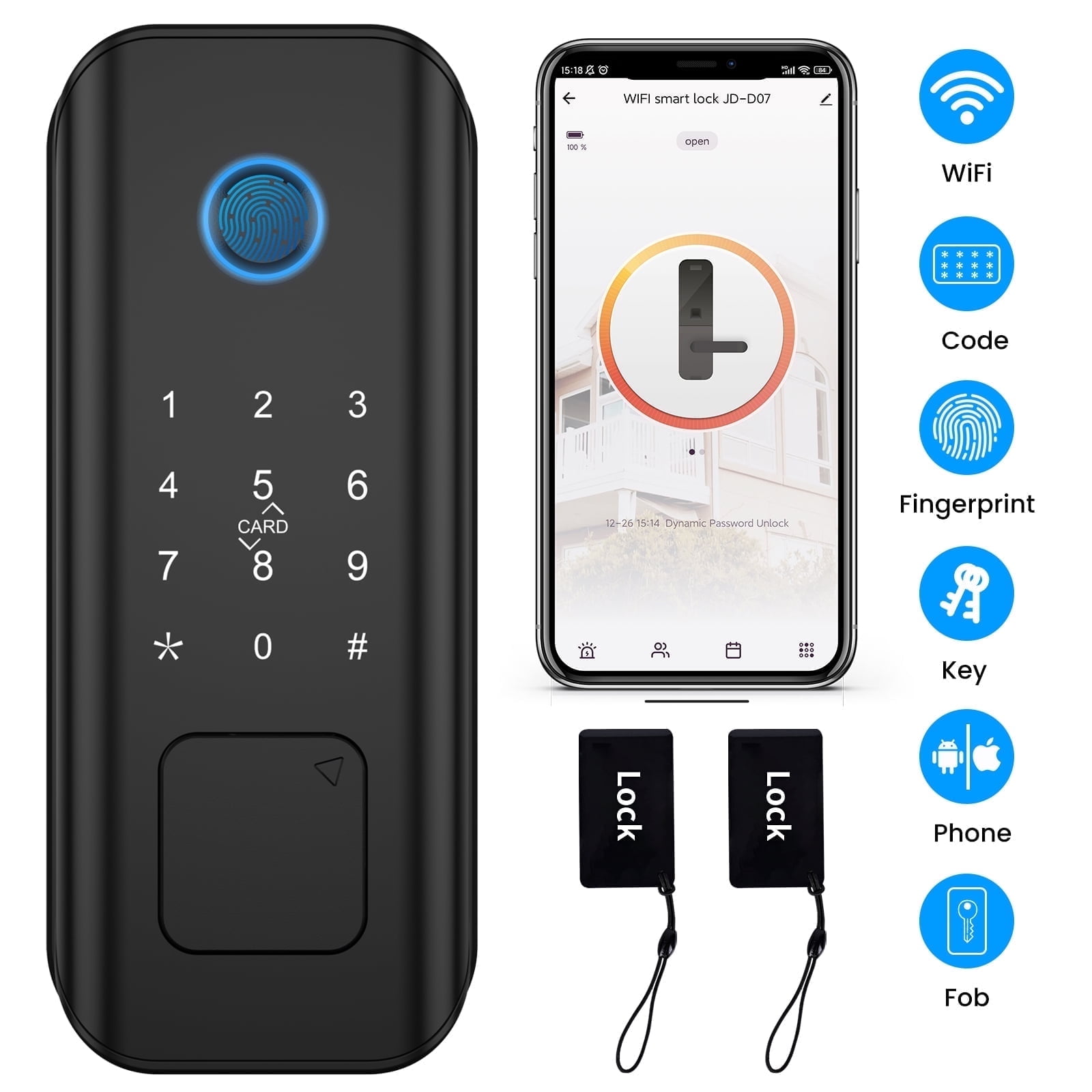 AUOSHI Security Smart Lock Fingerprint Door latch Keyless Entry Wi-Fi Door Lock Wireless Electronic Deadbolt with Touchscreen Keypad doorbell key IC Card App Control IP65 Waterproof Matte Black