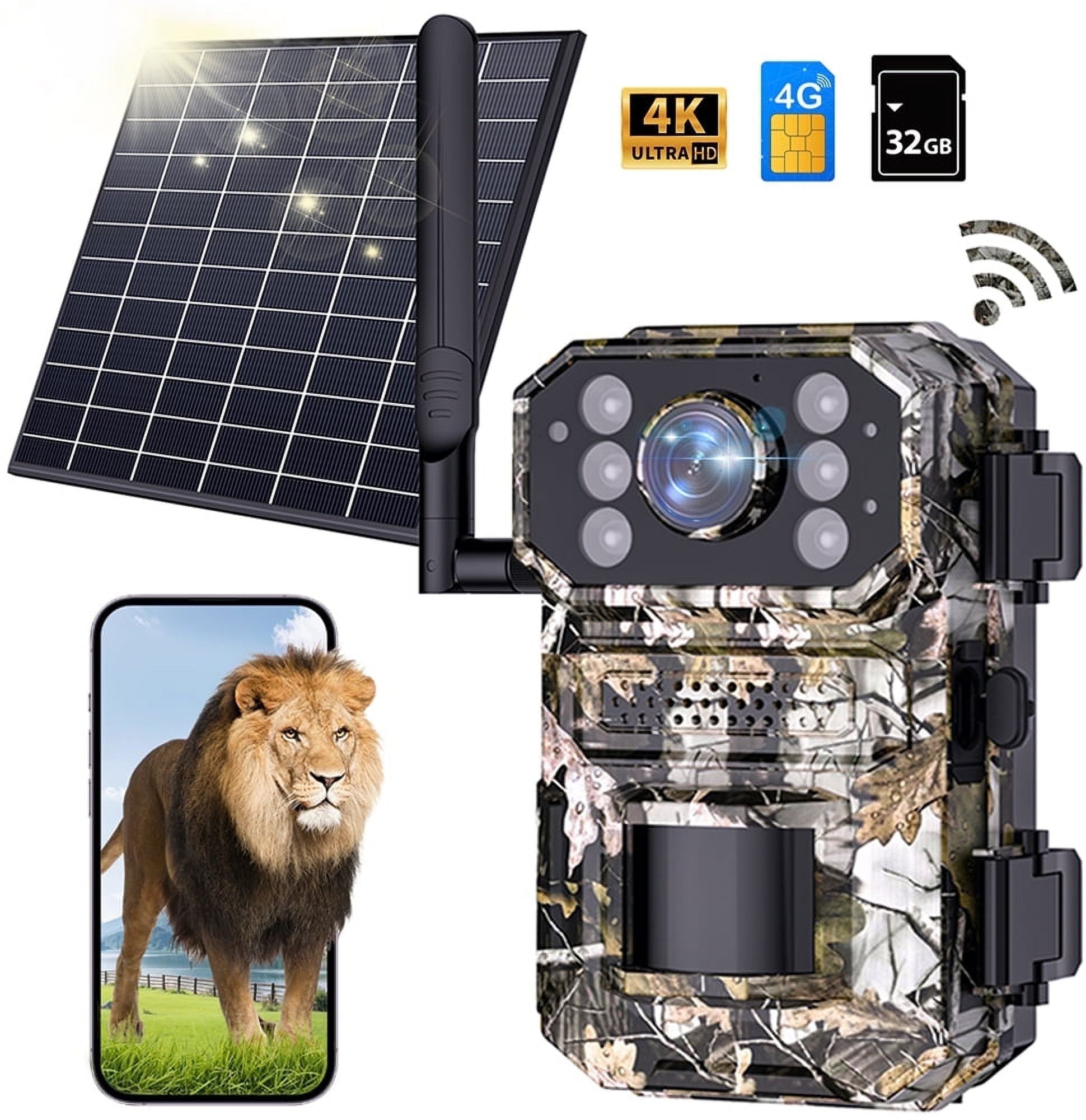 AUOSHI Trail Game Camera Solar Powered , 4G LTE Cellular WIFI Bluetooth 4K 48MPwith Night Vision , Dual Lens Security Camera Built-in SIM Card,0.5s Trigger Motion Activated Waterproof 120°Wide Angle