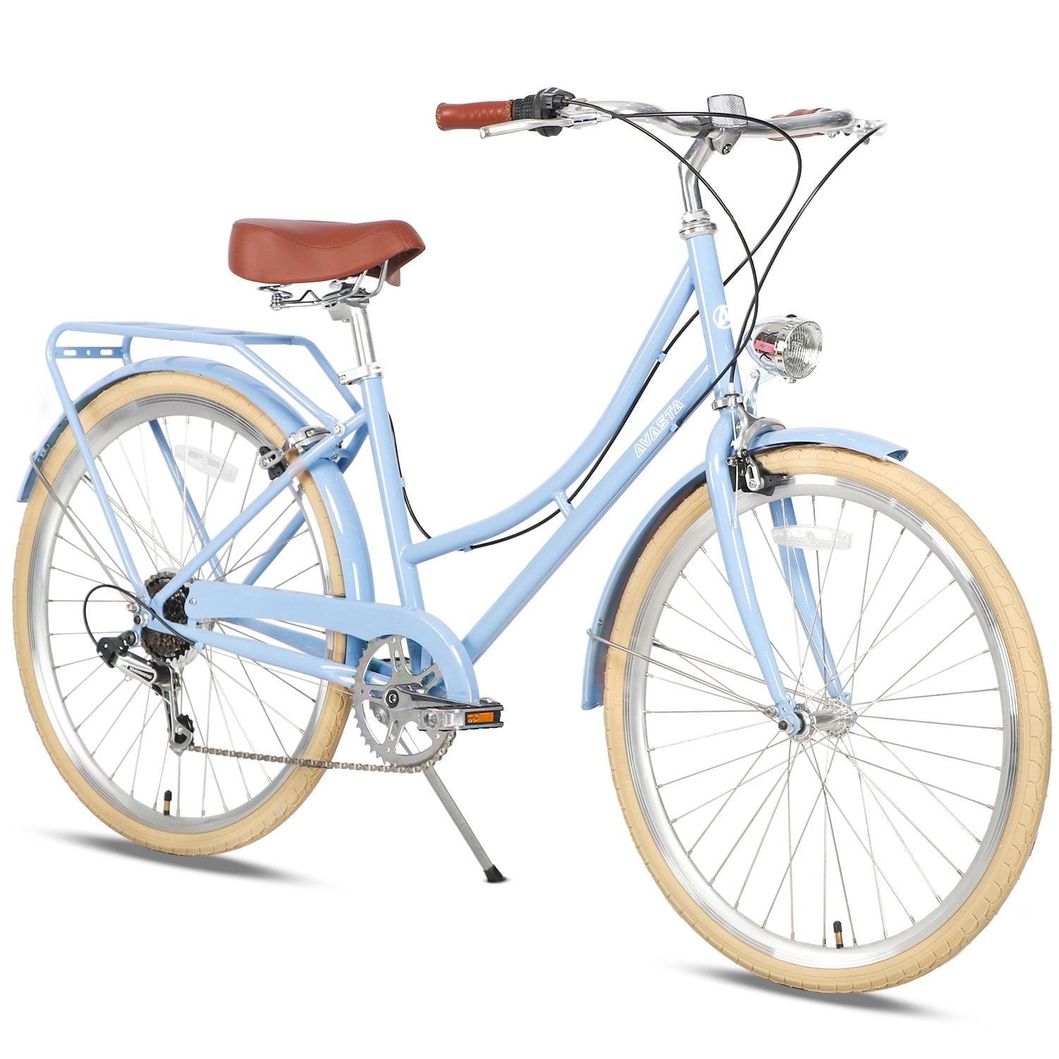 AVASTA Hybrid Bike for Women Female Lightweight Step Through 26 inch Hi-Ten Steel Frame City Commuter Comfort Lady Bicycle, 6-Speed, Color Blue with Beige Tires