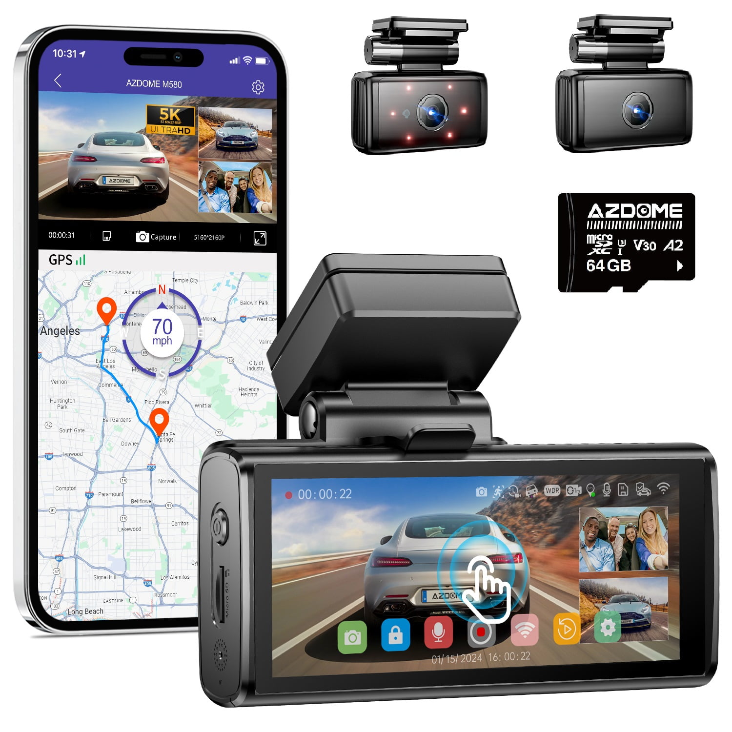 AZDOME Car Dash Cam 3 Channel, 5K Dash Camera Front and Rear Inside 4K+1080P+1080P, Dashcam with WiFi & 64GB Card, IR WDR Night Vision, 4" Touchscreen GPS 24H Parking Mode G-Sensor Loop Recording