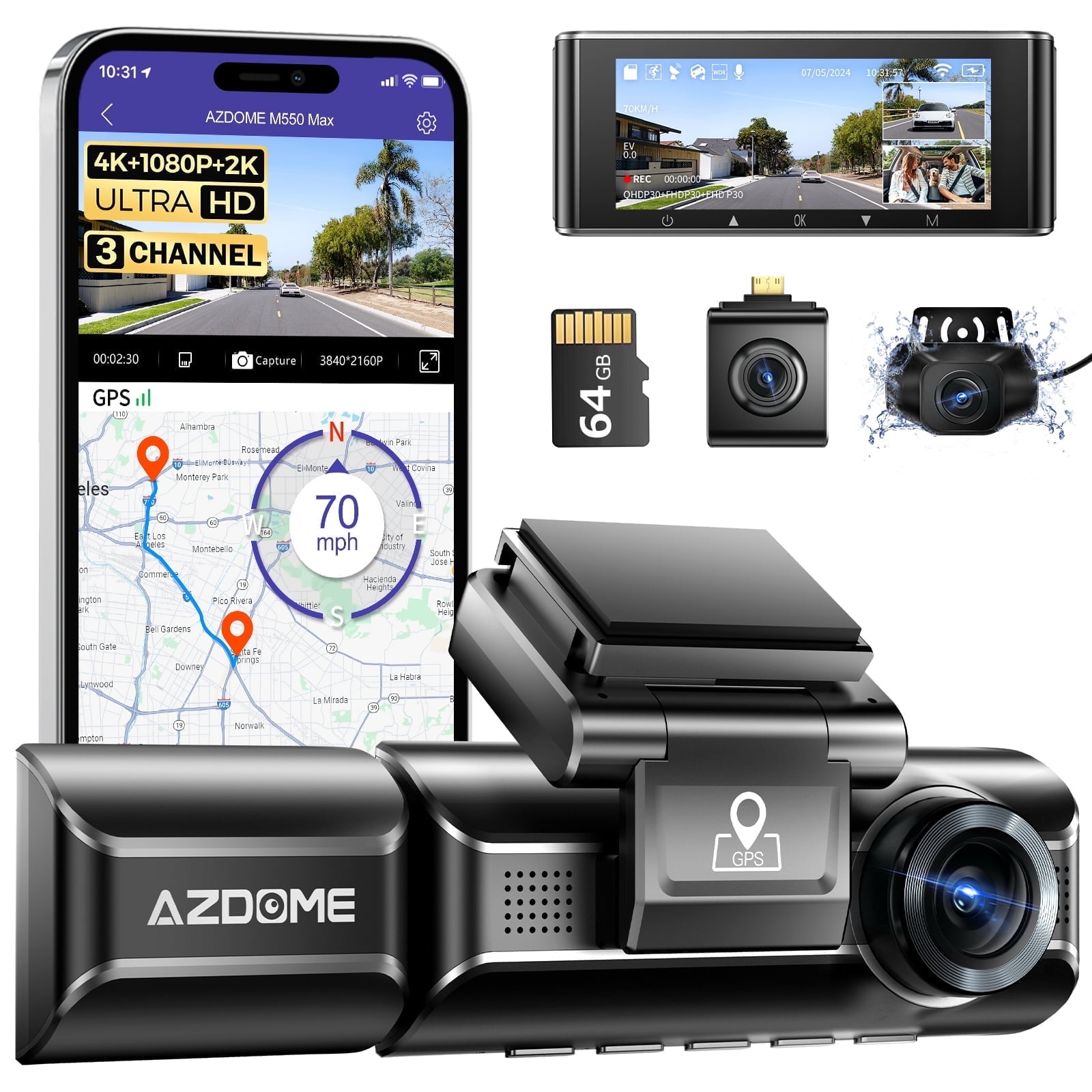 AZDOME Dash Cam 3 Channel with 4K WiFi , Resolution Supports up to 4k+1080P+2k, Built-in GPS 24H Parking Mode IR Night Vision WDR 3.19" IPS, Max to 256GB