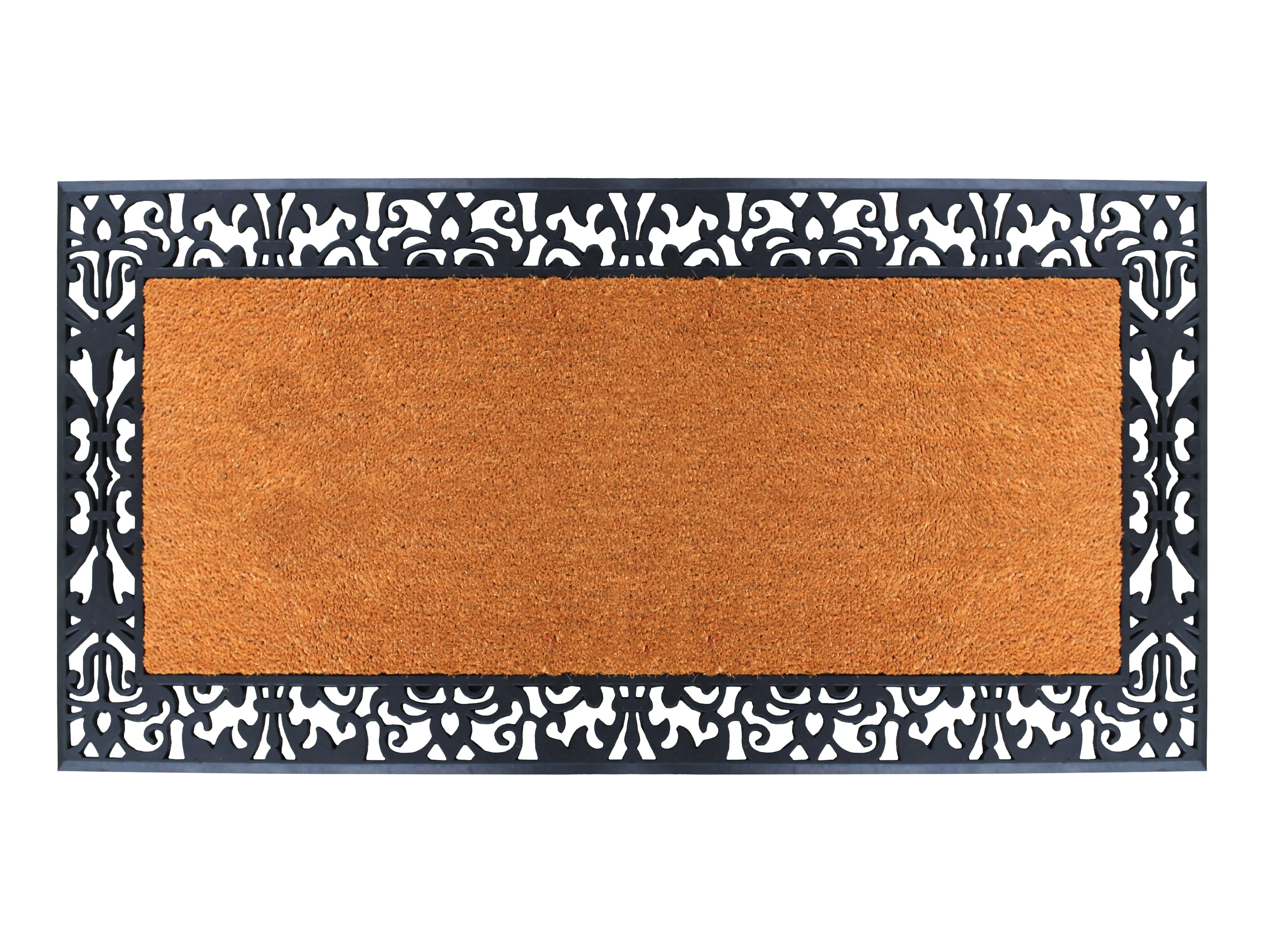 A1HC Natural Coir And Rubber Large Doormat, Outdoor Entrance, Paisley Border, 30x60 Inches, Black