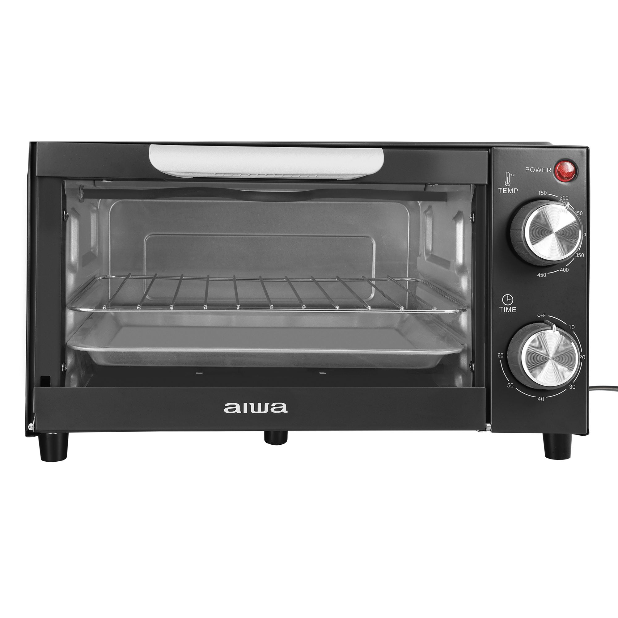 Aiwa 750W Black Toaster Oven 4 Slice with Baking Tray, Bake Toast Cook and Broil, Temperature Control, 60 Minute Timer Knob