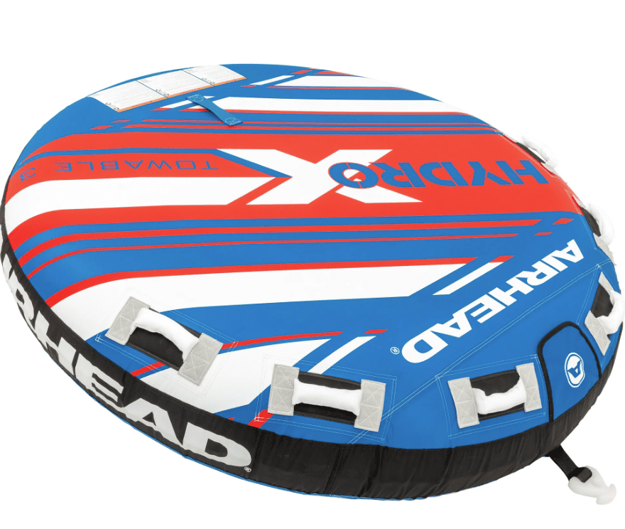 Airhead Hydro X 3 Person Towable Tube for Boating, Blue, White, & Red, 70" Deflated Size, Max Capacity 510 lbs.