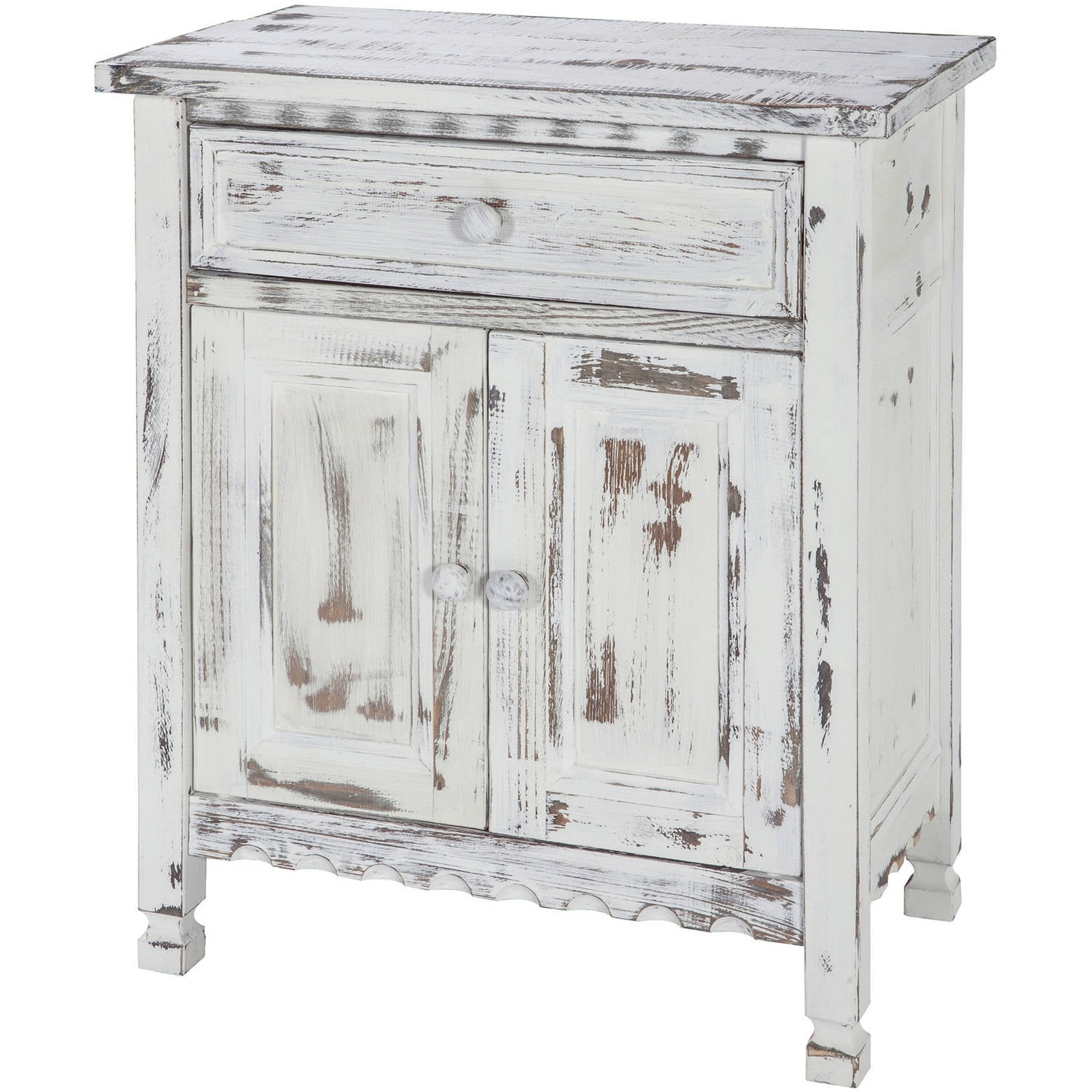 Alaterre Furniture Country Cottage Rustic Accent Cabinet with Storage Drawer and Two Doors, Solid Pine Wood, White Antique Finish