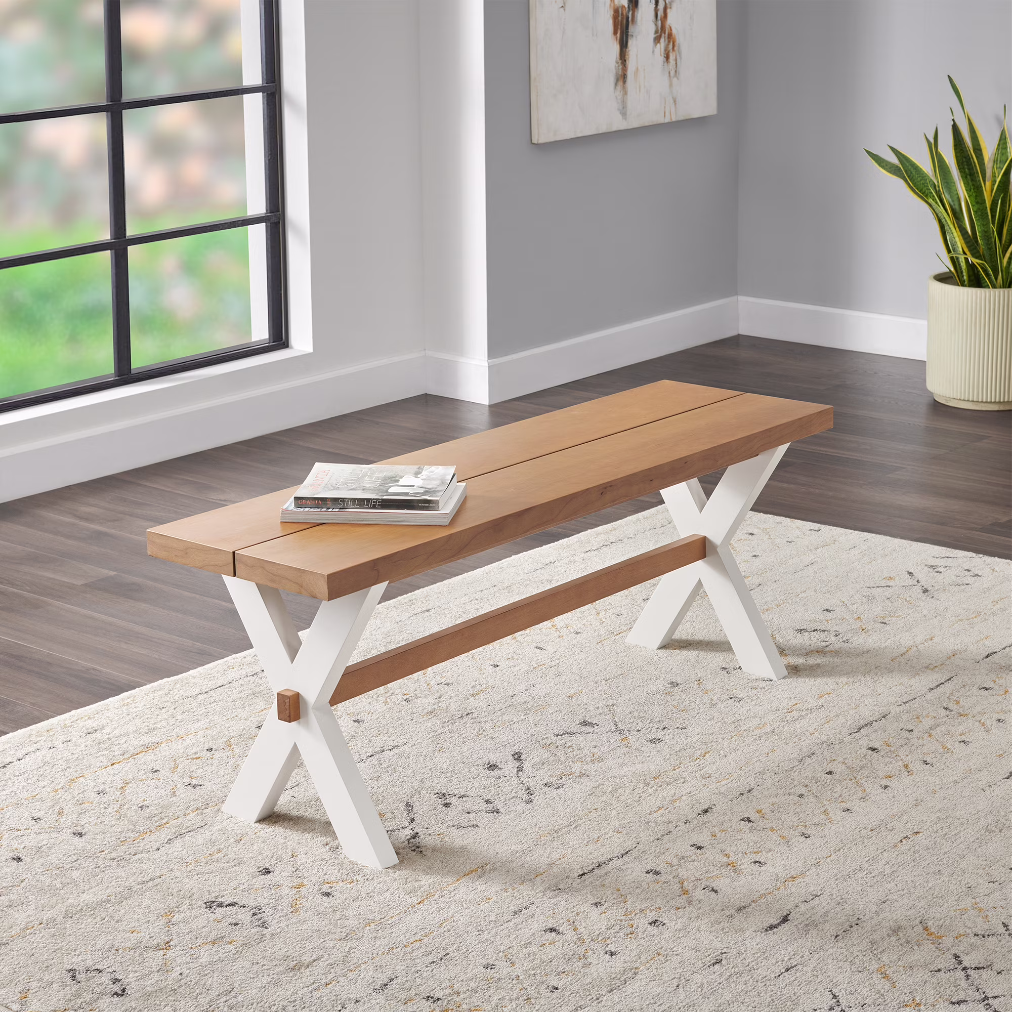 Alaterre Furniture Chelsea 48" Dining Bench, Two-Tone White Base, Versatile Seating for Kitchen, Dining Room, Entryway