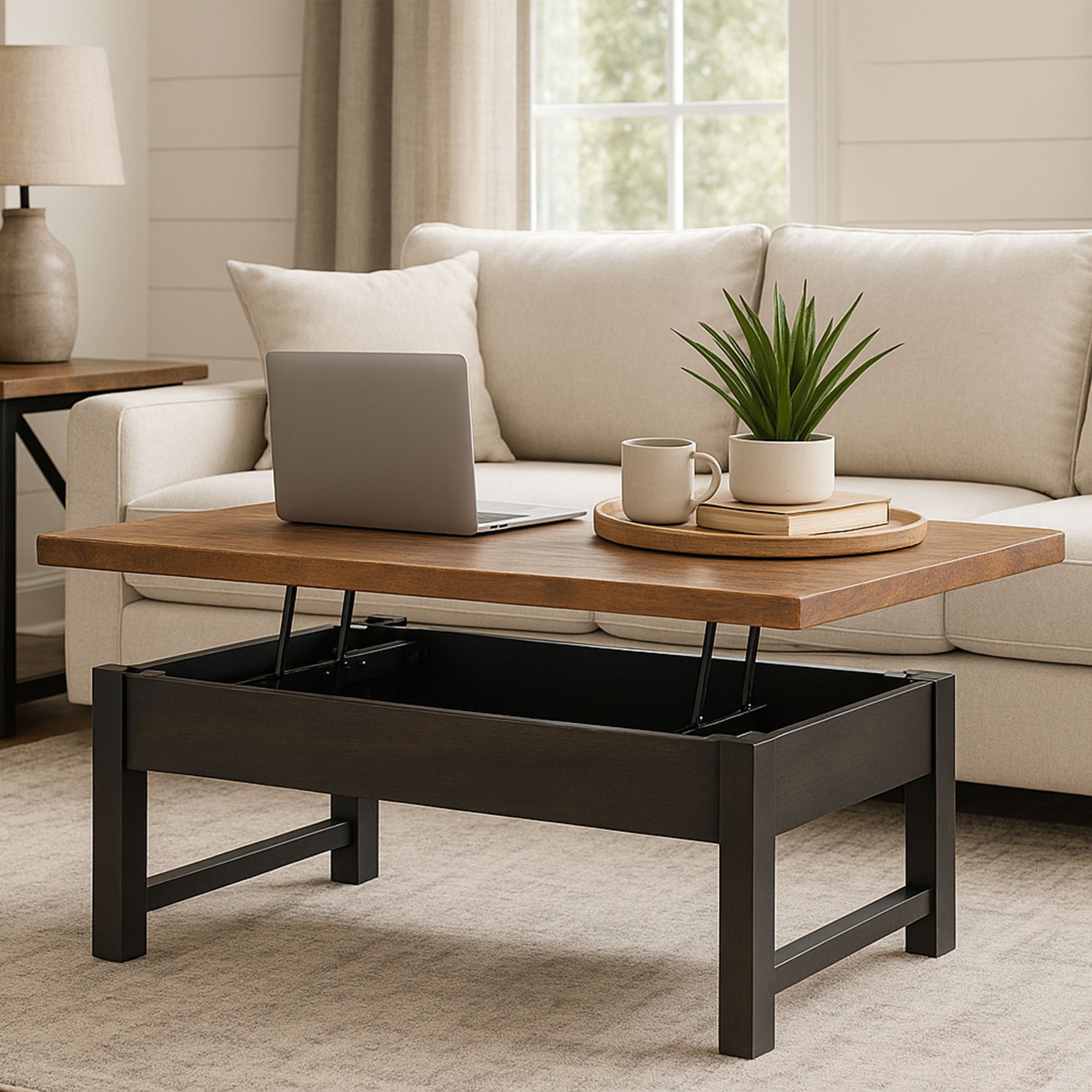 Alaterre Furniture Pomona 42” Lift Top Coffee Table with Storage - Metal and Wood Living Room Table