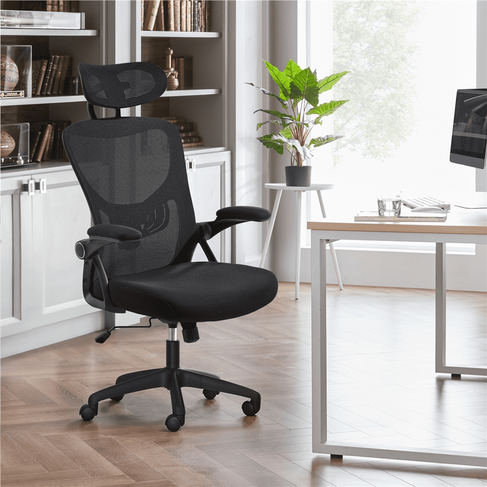 Alden Design Adjustable High Back Mesh Office Chair with Folding Padded Armrests, Black