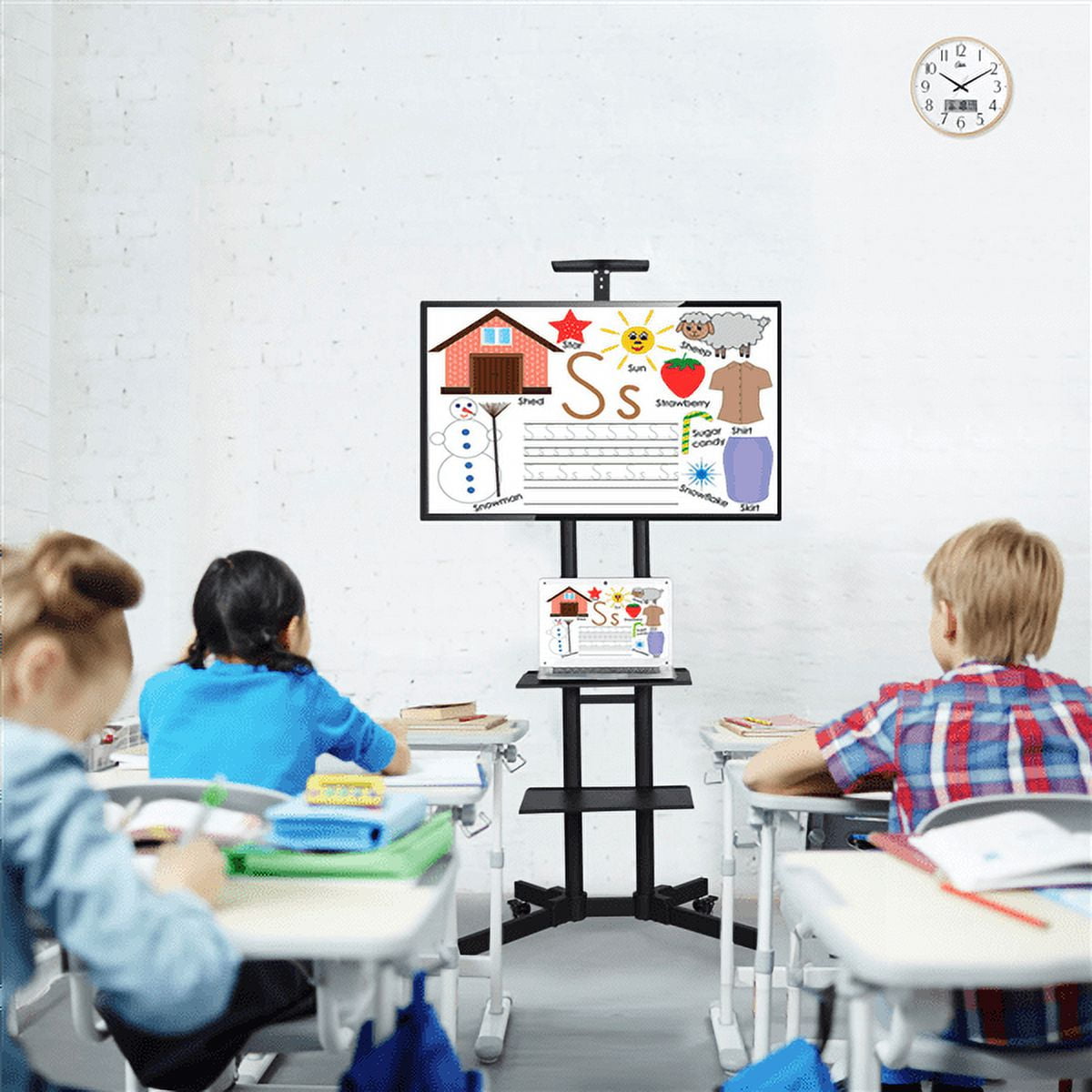 Alden Design Adjustable Rolling TV Stand with Lockable Wheels and 2 Shelves for 32in to 75in TVs, Black