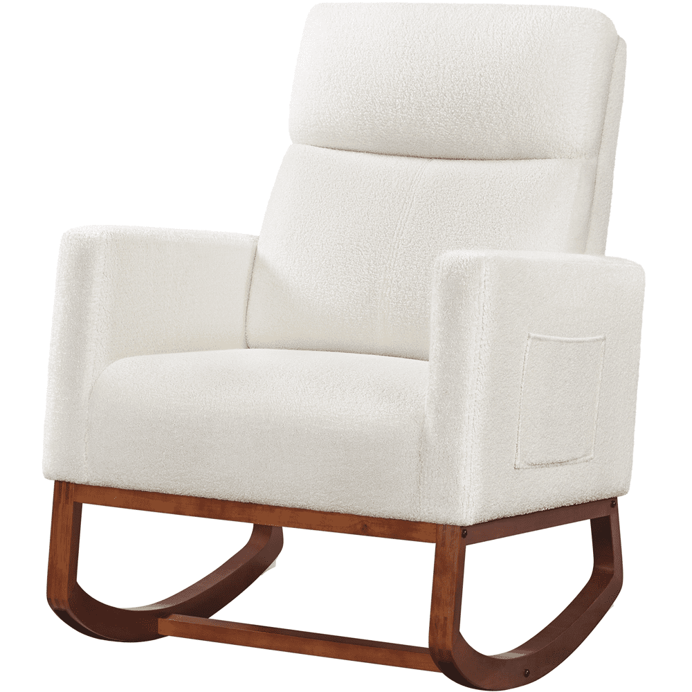 Alden Design Boucle Upholstered Rocking Chair with Side Pockets for Living Room, Ivory