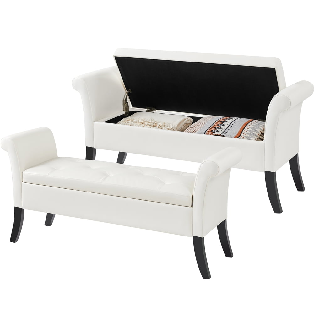 Alden Design Faux Leather Upholstered Storage Bench with Rolled Armrests, White