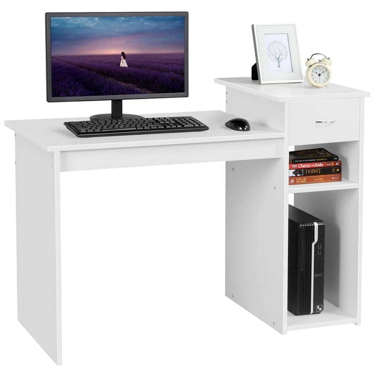 Alden Design Home Office Computer Desk with Drawer and Storage, White