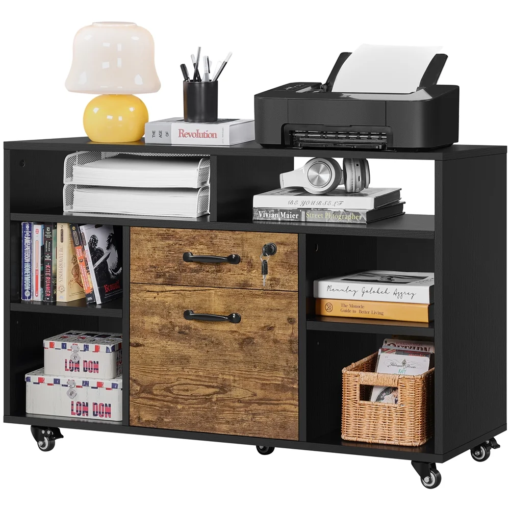 Alden Design Industrial Wooden Rolling File Cabinet with Lockable Drawer, Black/Rustic Brown