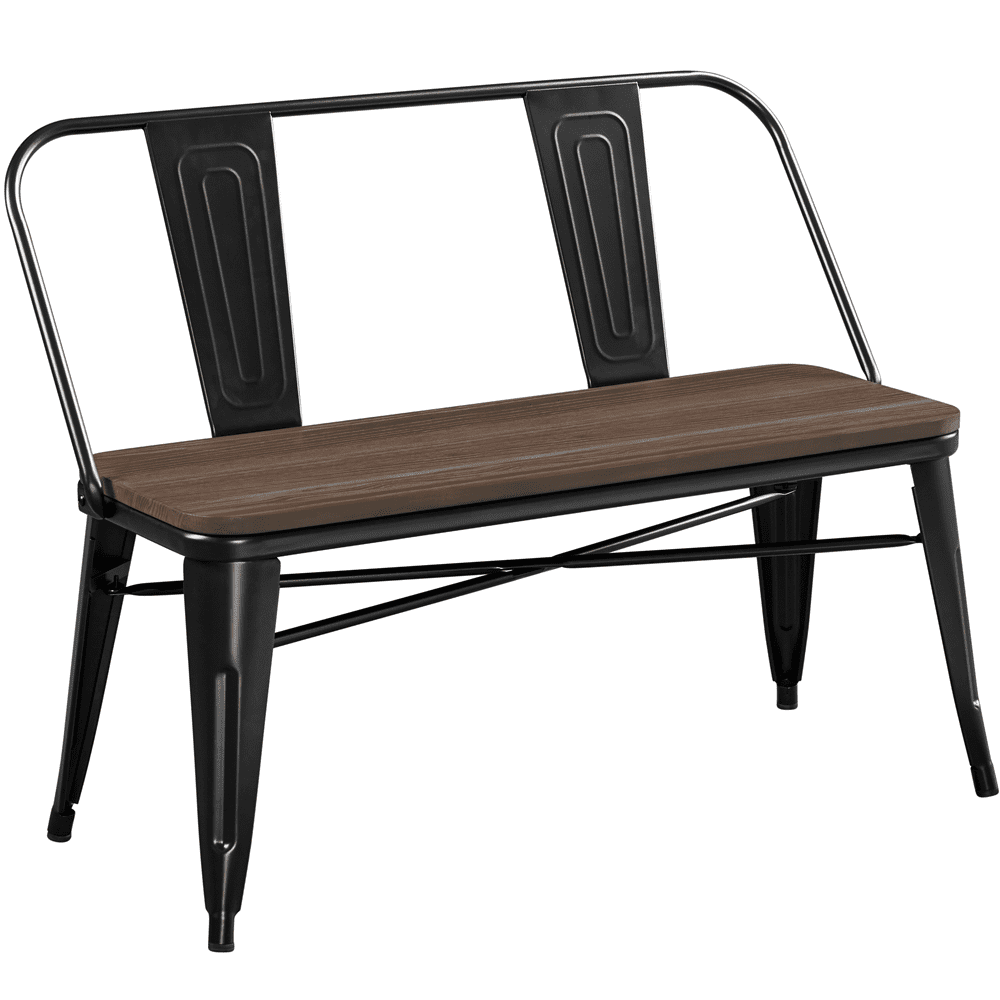 Alden Design Industrial Metal Dining Bench with Wooden Top for Patio Kitchen Garden, Black