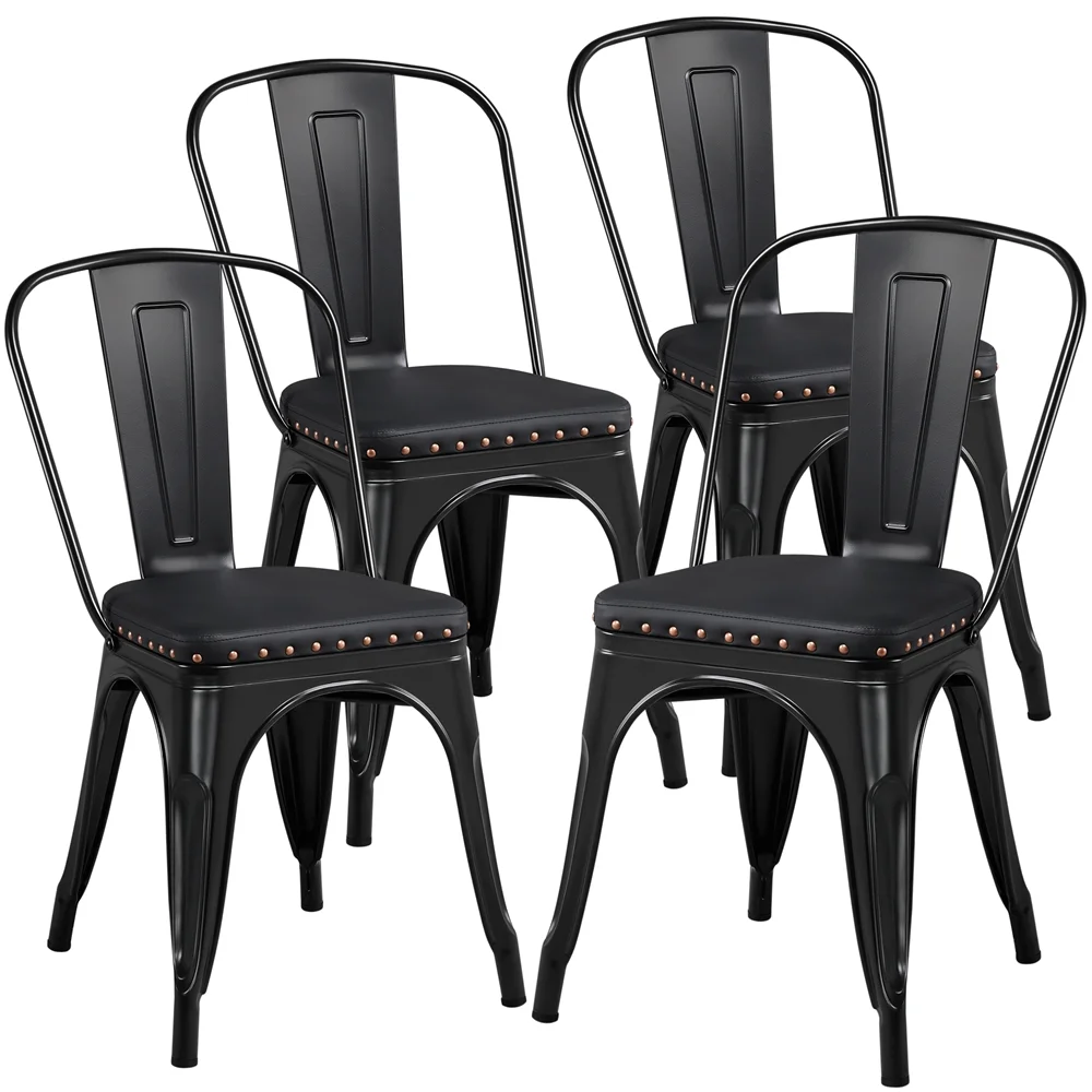Alden Design Industrial Metal Studded Dining Chair with Cushion, Set of 4, Black