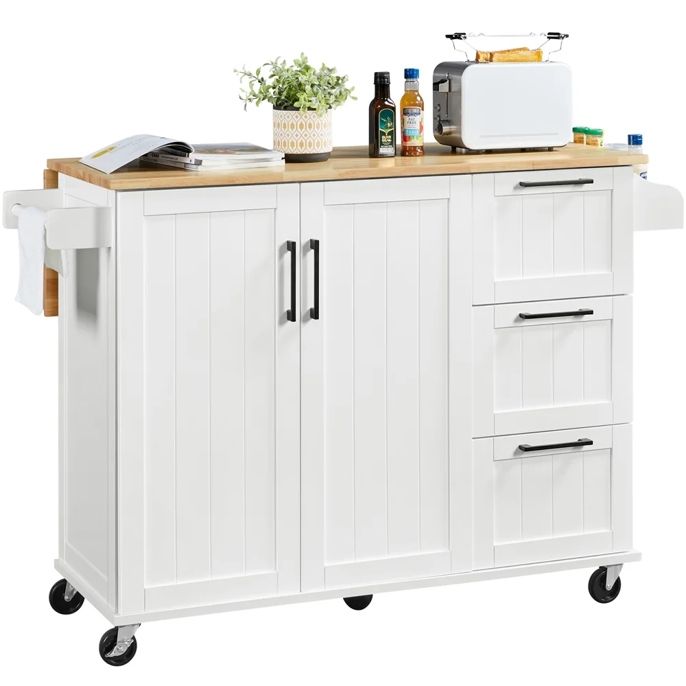 Alden Design Kitchen Cart with Wood Top and Storage Cabinet, White