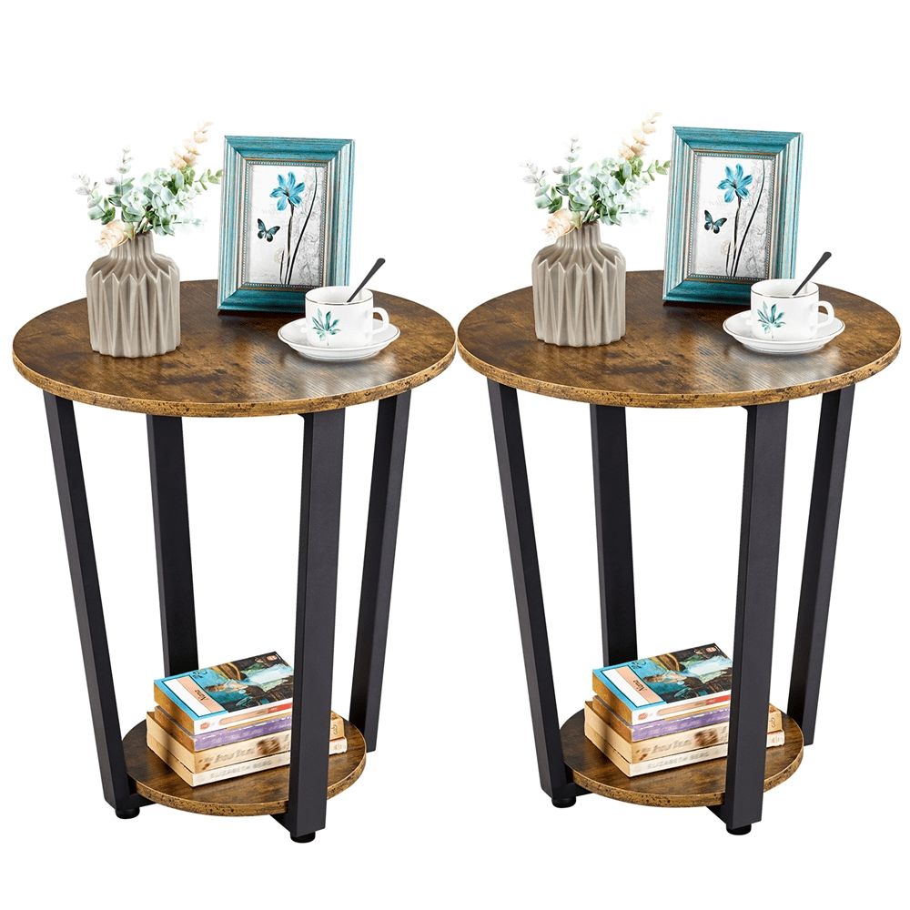 Alden Design Metal Side Table Industrial Round End Table with Storage for Livingroom, Set of 2, Brown