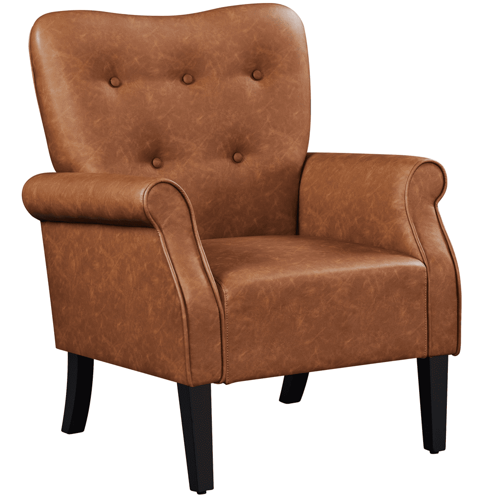 Alden Design Mid-century Faux Leather Accent Chair with Tufted High Back for Living Room, Retro Brown